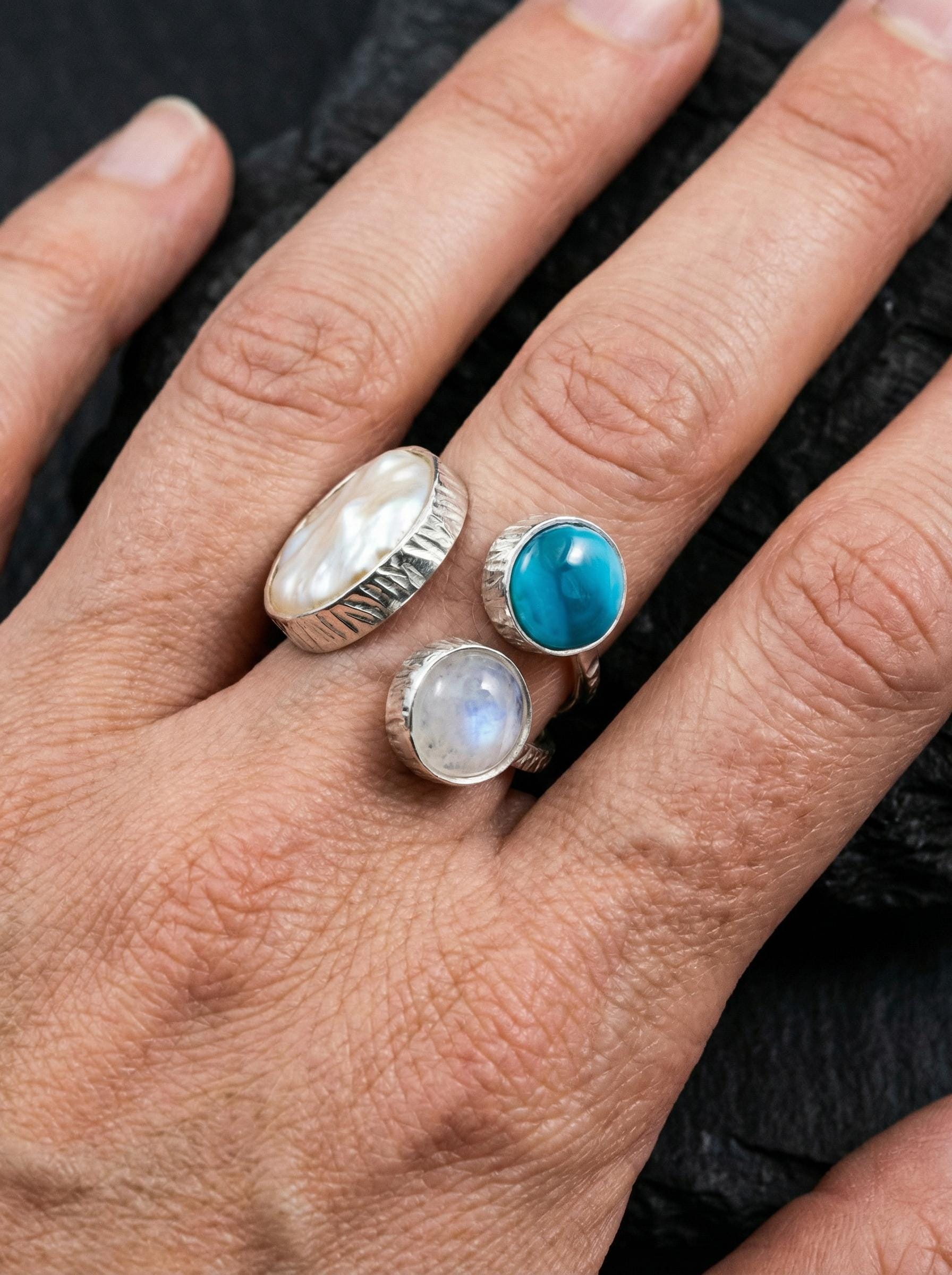 Pearl Larimar Blue Moonstone Multi Stone Ring 925 Sterling Silver Adjustable Open Band Jewelry