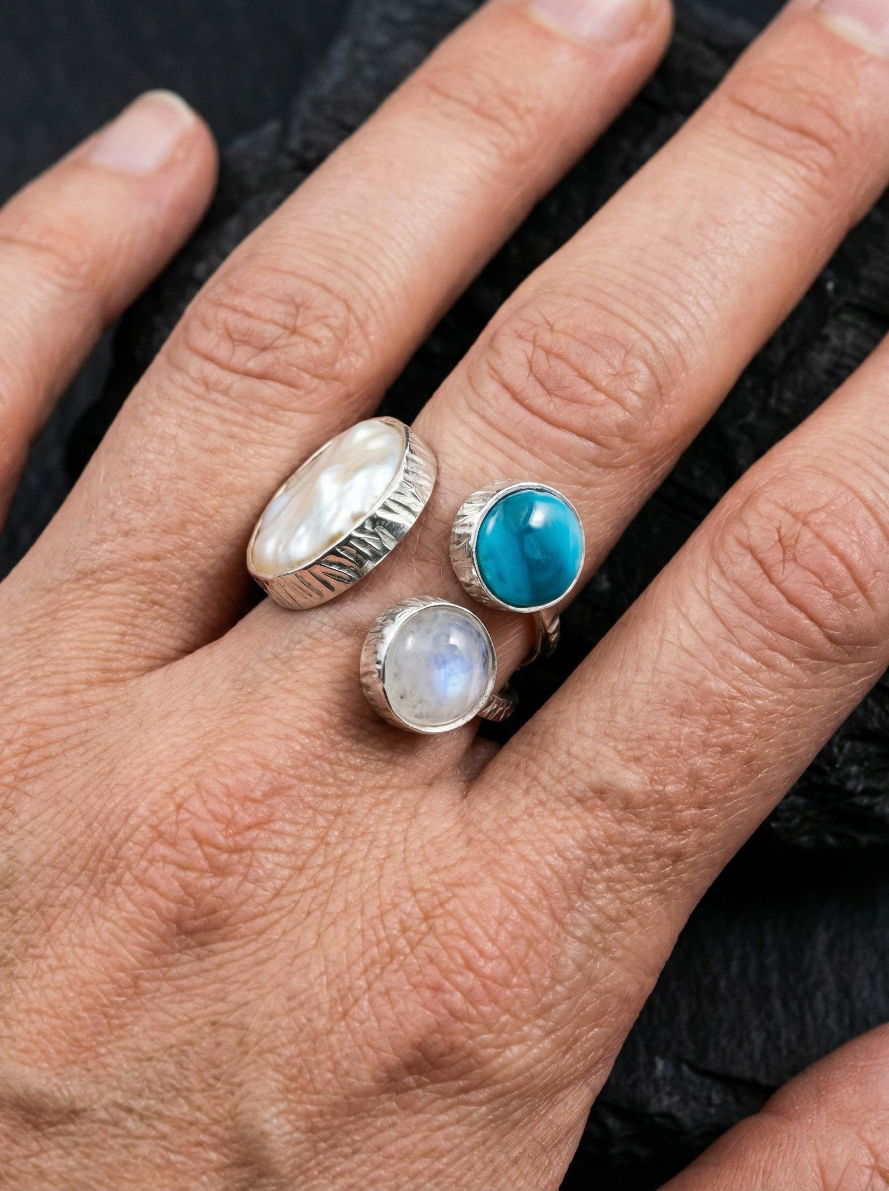 Pearl Larimar Moonstone Ring 925 Sterling Silver Adjustable Multi Stone Band Throat Crown Chakra Gift