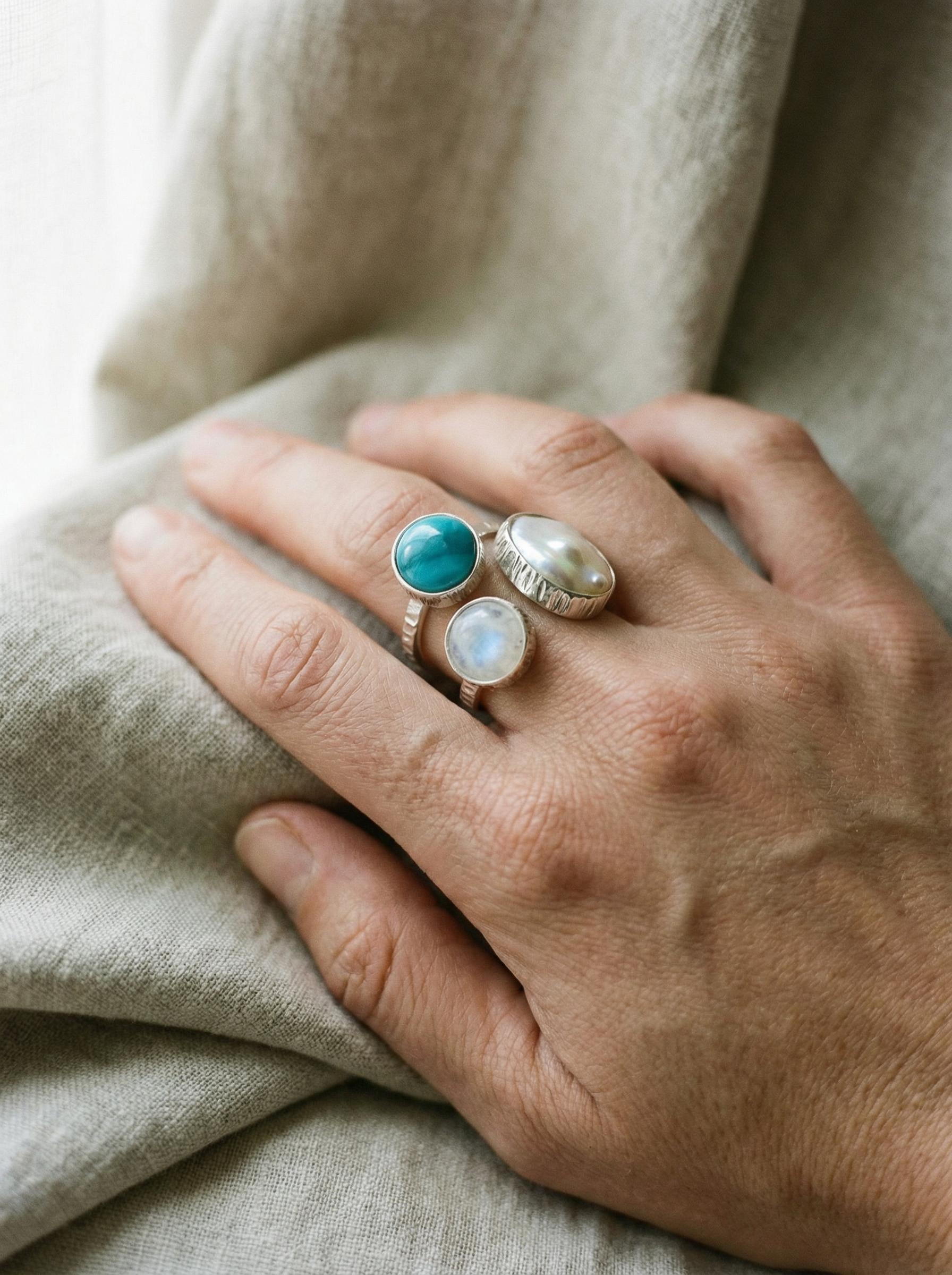 Pearl Larimar Blue Moonstone Multi Stone Ring 925 Sterling Silver Adjustable Open Band Jewelry