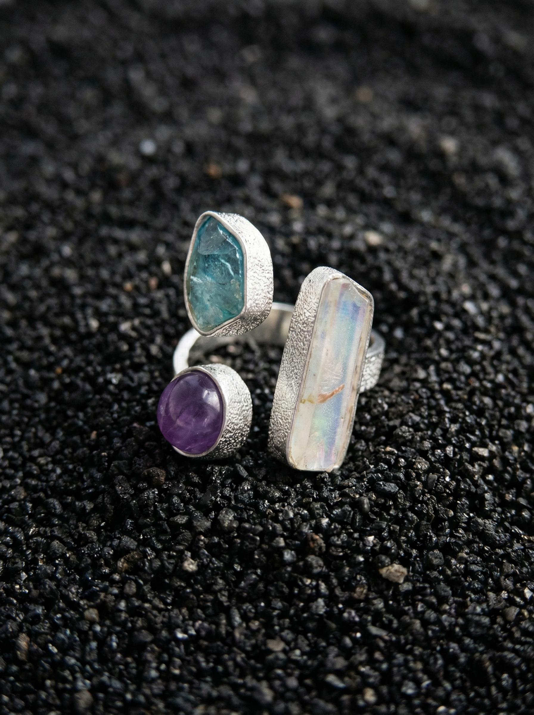 Sterling Silver Multi Stone Ring: Angel Aura, Blue Apatite, Amethyst – Adjustable Band