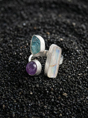 Sterling Silver Multi Stone Ring: Angel Aura, Blue Apatite, Amethyst – Adjustable Band