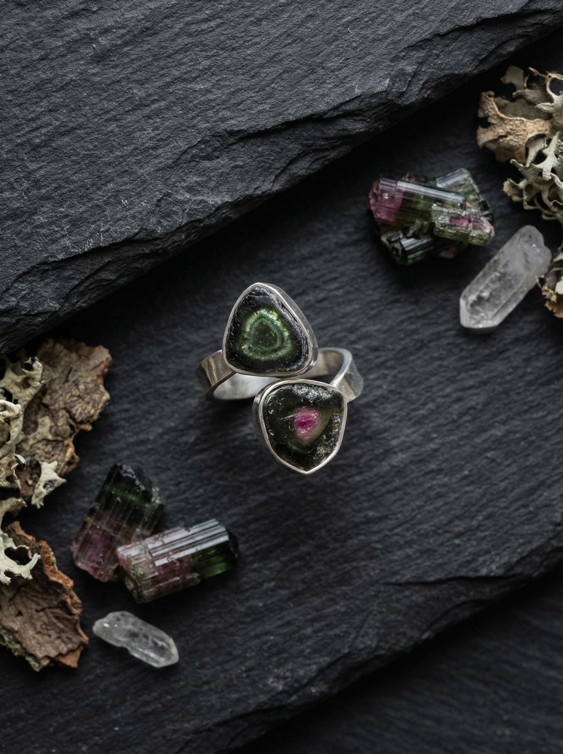 Dual Tourmaline Ring, 925 Sterling Silver Adjustable Open Band