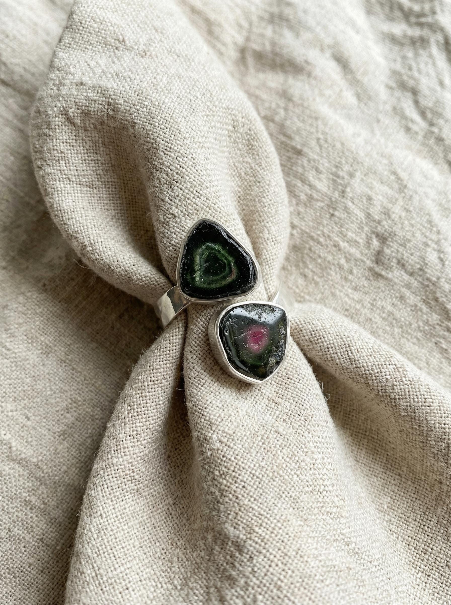 Dual Tourmaline Ring, 925 Sterling Silver Adjustable Open Band