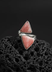 Triangle Rhodochrosite Ring 925 Silver Adjustable Open Ring Hammered Texture Pink Stone Statement Jewelry