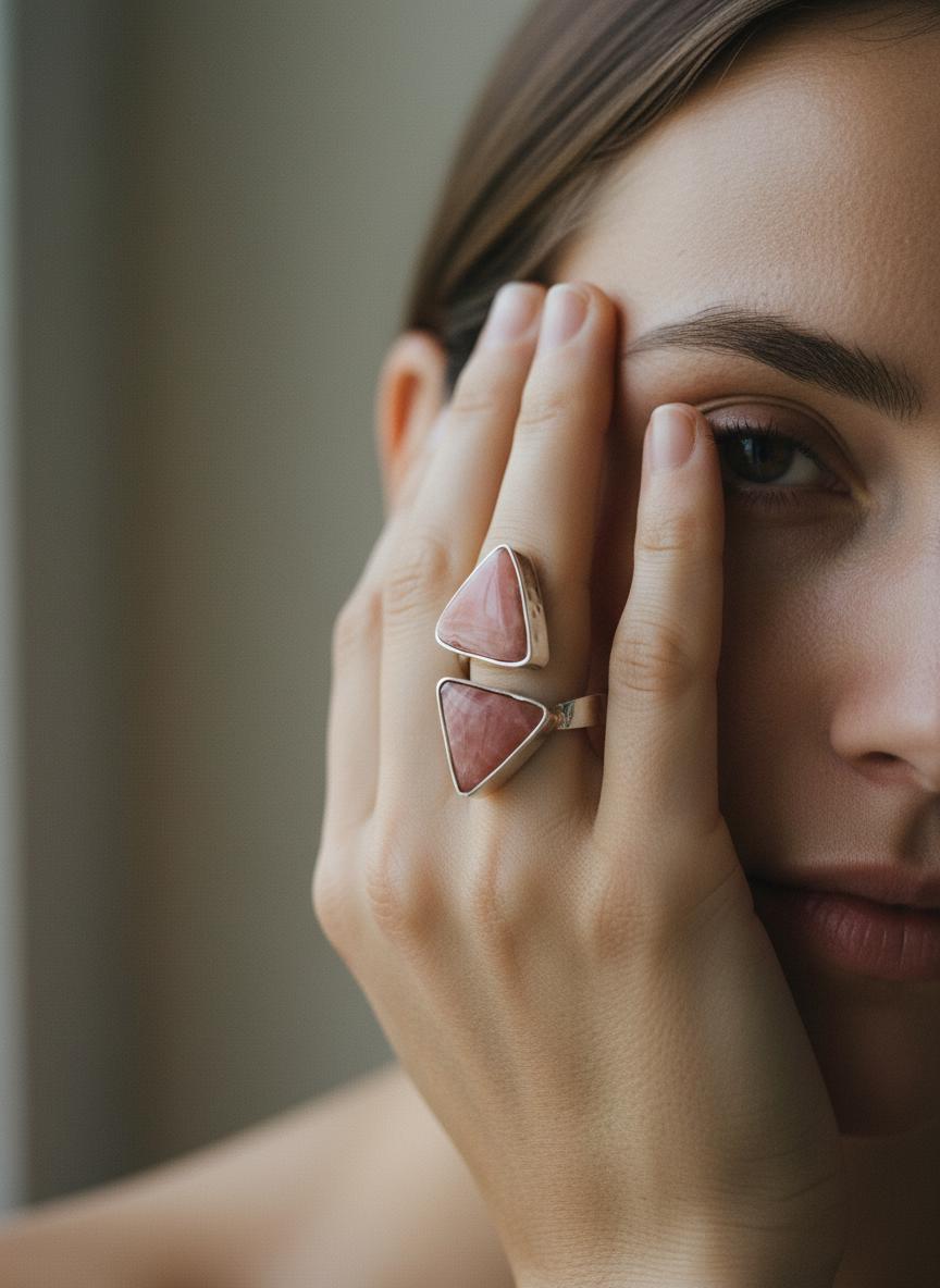 Triangle Rhodochrosite Ring 925 Silver Adjustable Open Ring Hammered Texture Pink Stone Statement Jewelry