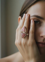 Triangle Rhodochrosite Ring 925 Silver Adjustable Open Ring Hammered Texture Pink Stone Statement Jewelry