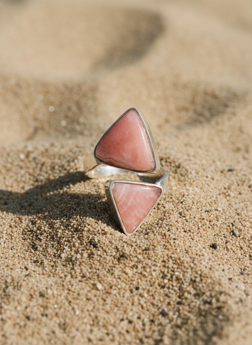 Triangle Rhodochrosite Ring 925 Silver Adjustable Open Ring Hammered Texture Pink Stone Statement Jewelry
