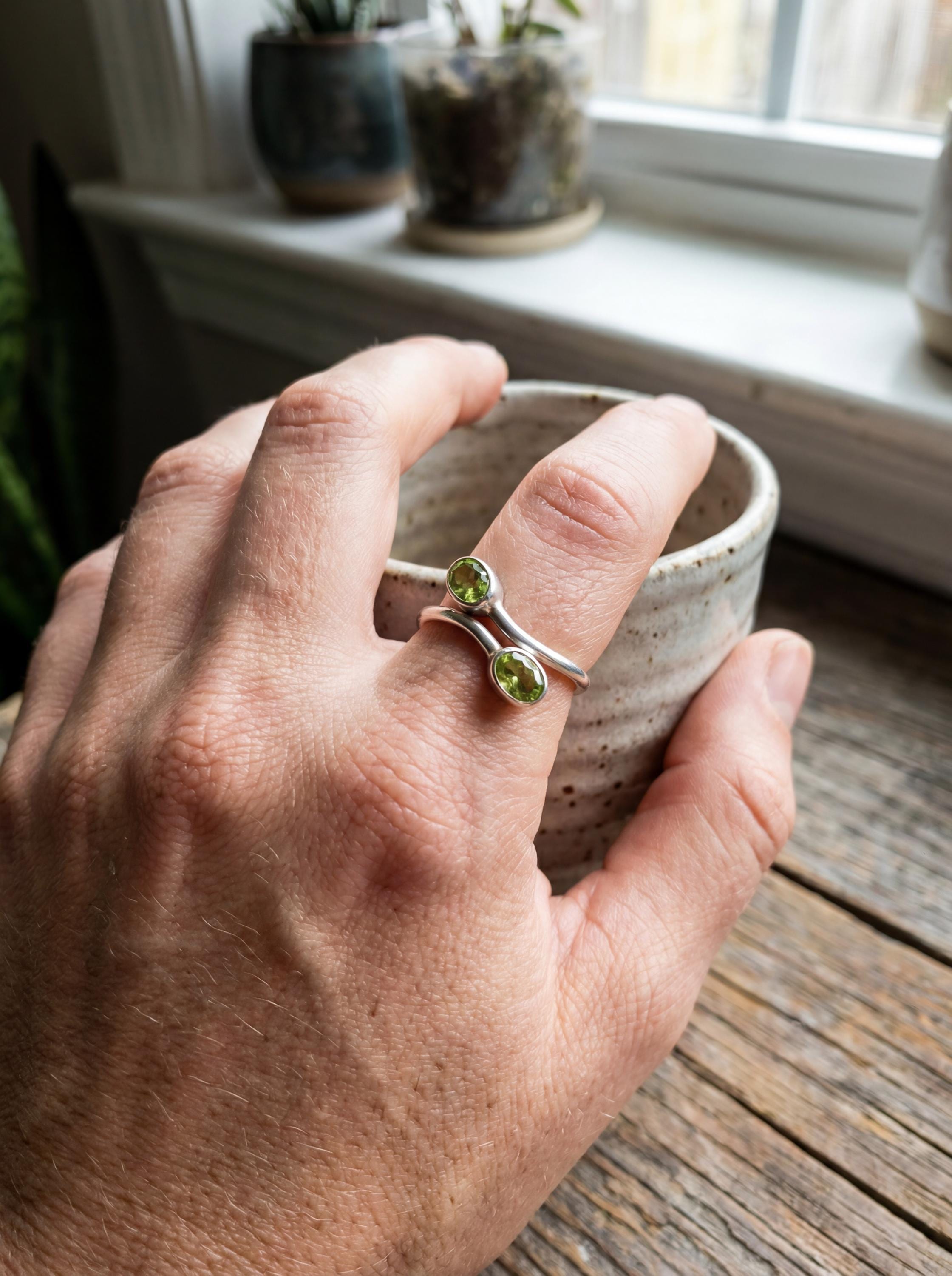 Green Peridot Silver Ring 925 Sterling Adjustable Open Band Two Stone Minimalist Gemstone Jewelry Gift