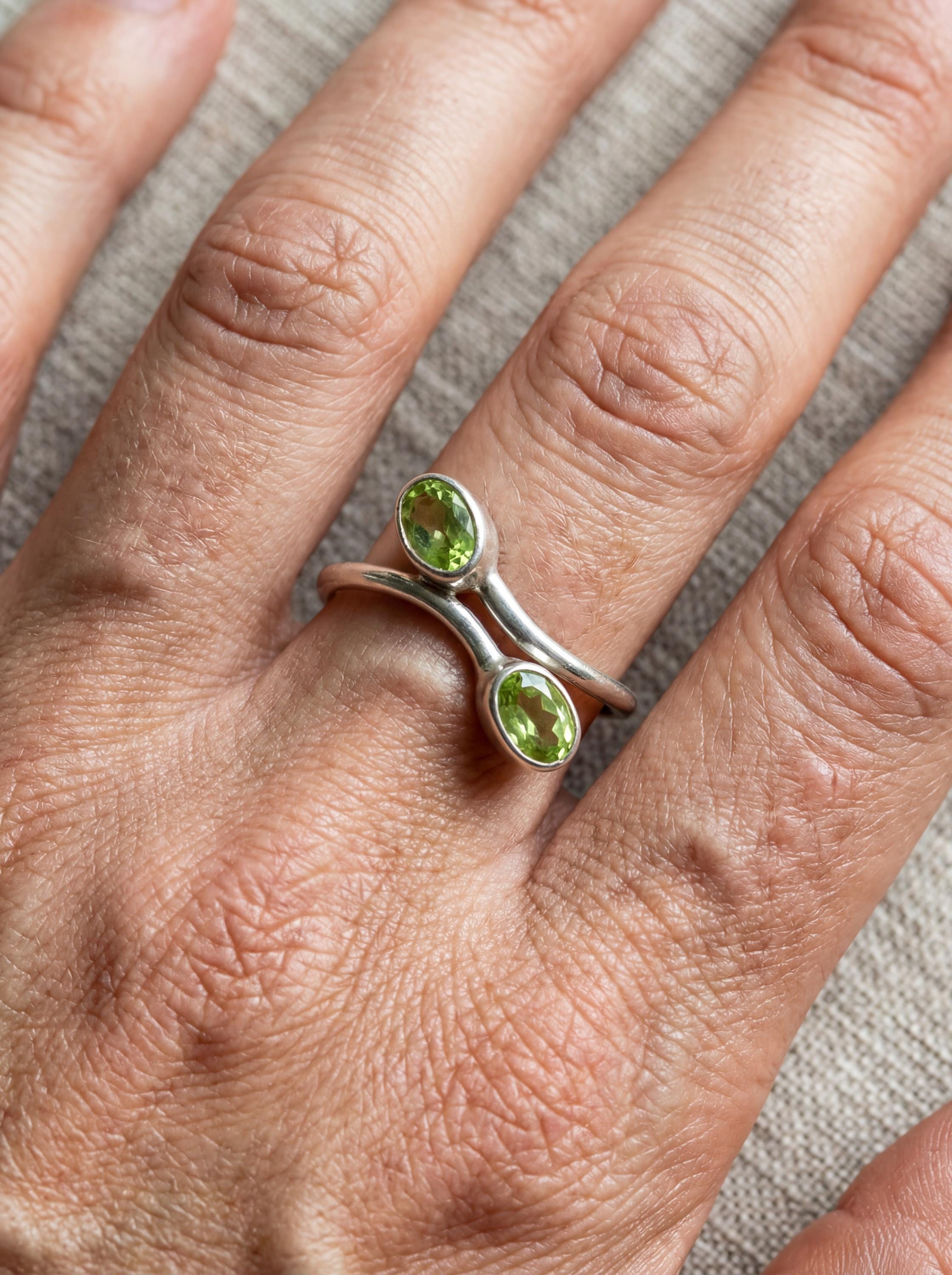 Green Peridot Silver Ring 925 Sterling Adjustable Open Band Two Stone Minimalist Gemstone Jewelry Gift