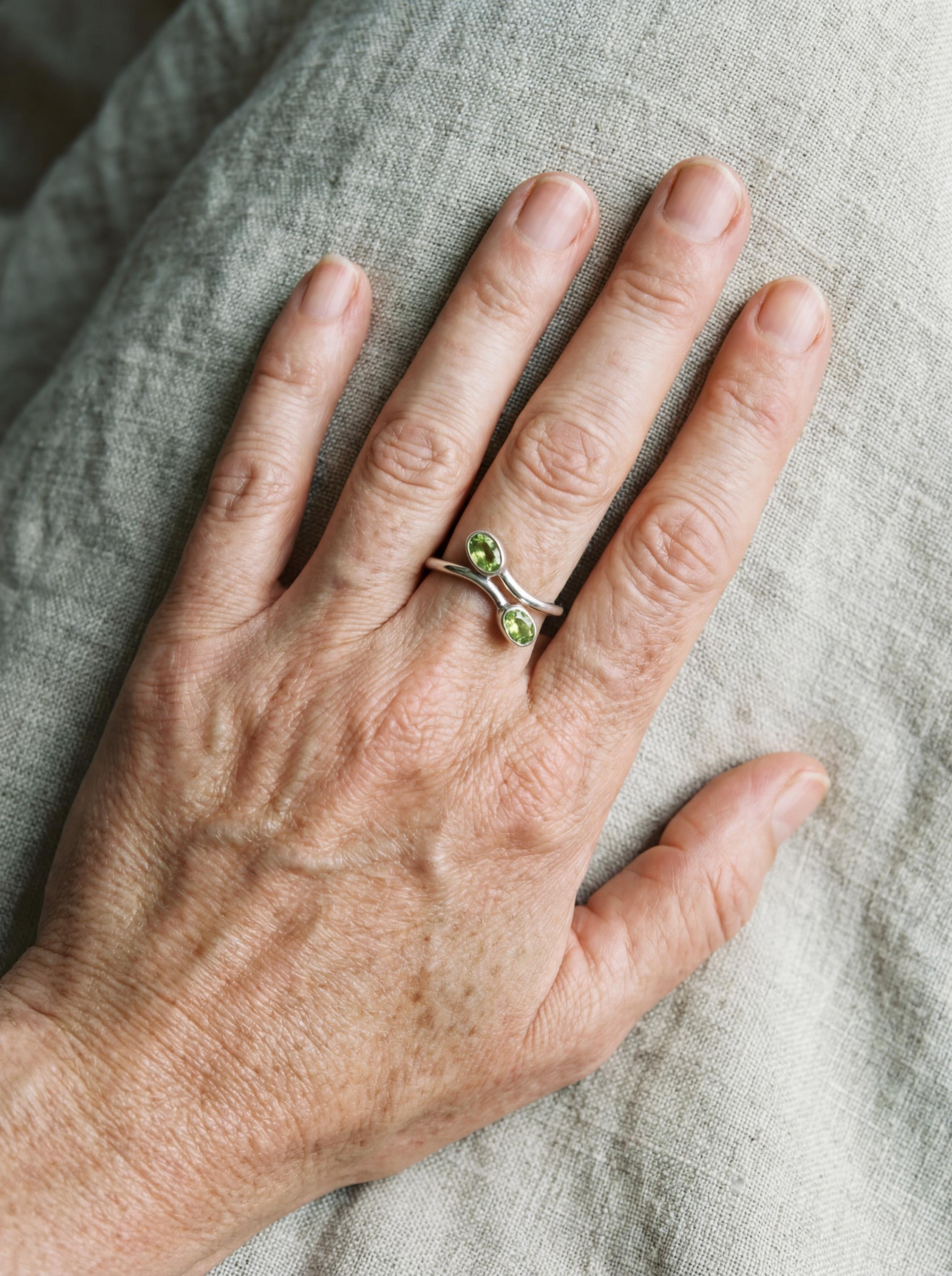 Green Peridot Silver Ring 925 Sterling Adjustable Open Band Two Stone Minimalist Gemstone Jewelry Gift
