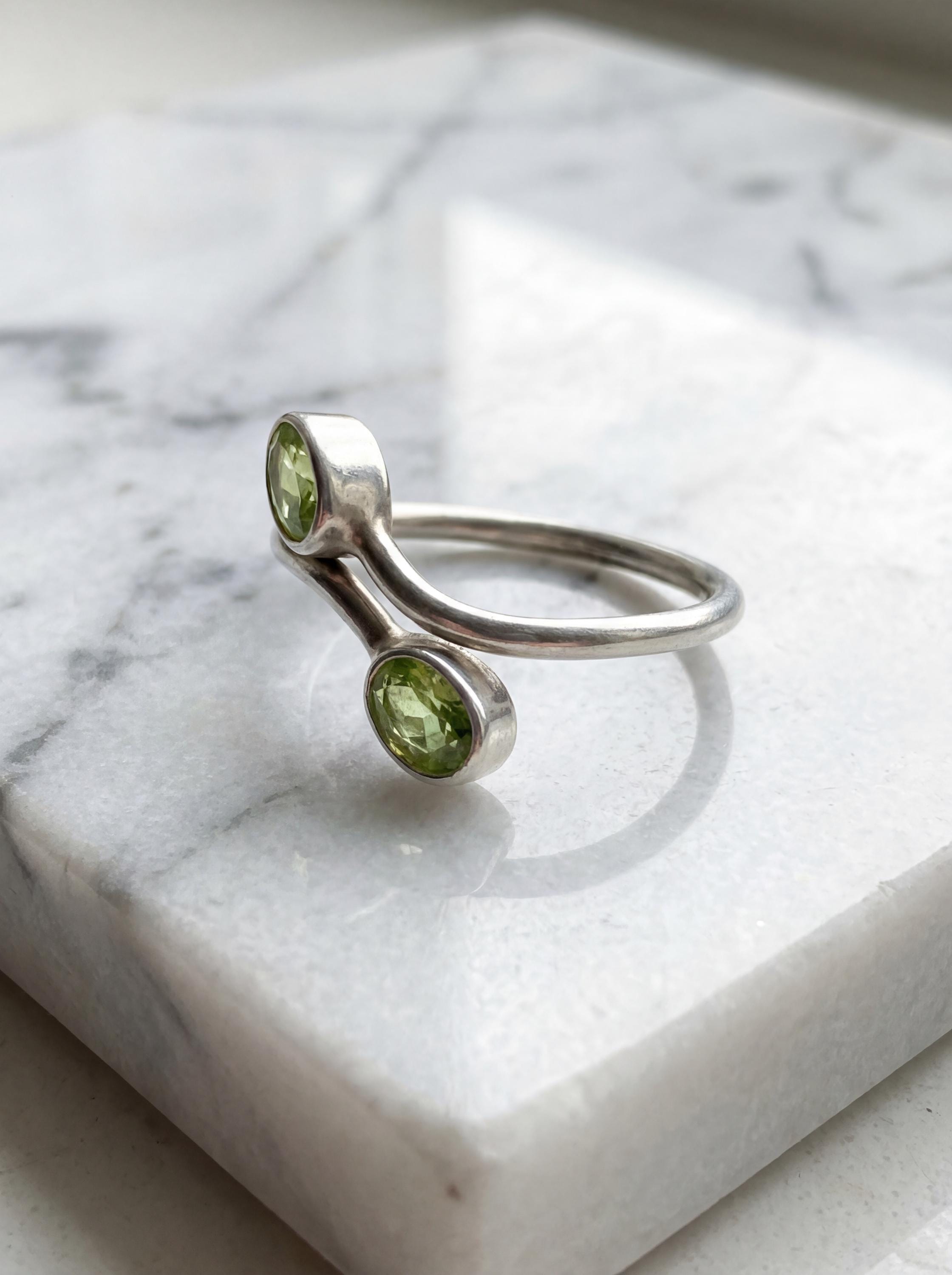 Green Peridot Silver Ring 925 Sterling Adjustable Open Band Two Stone Minimalist Gemstone Jewelry Gift