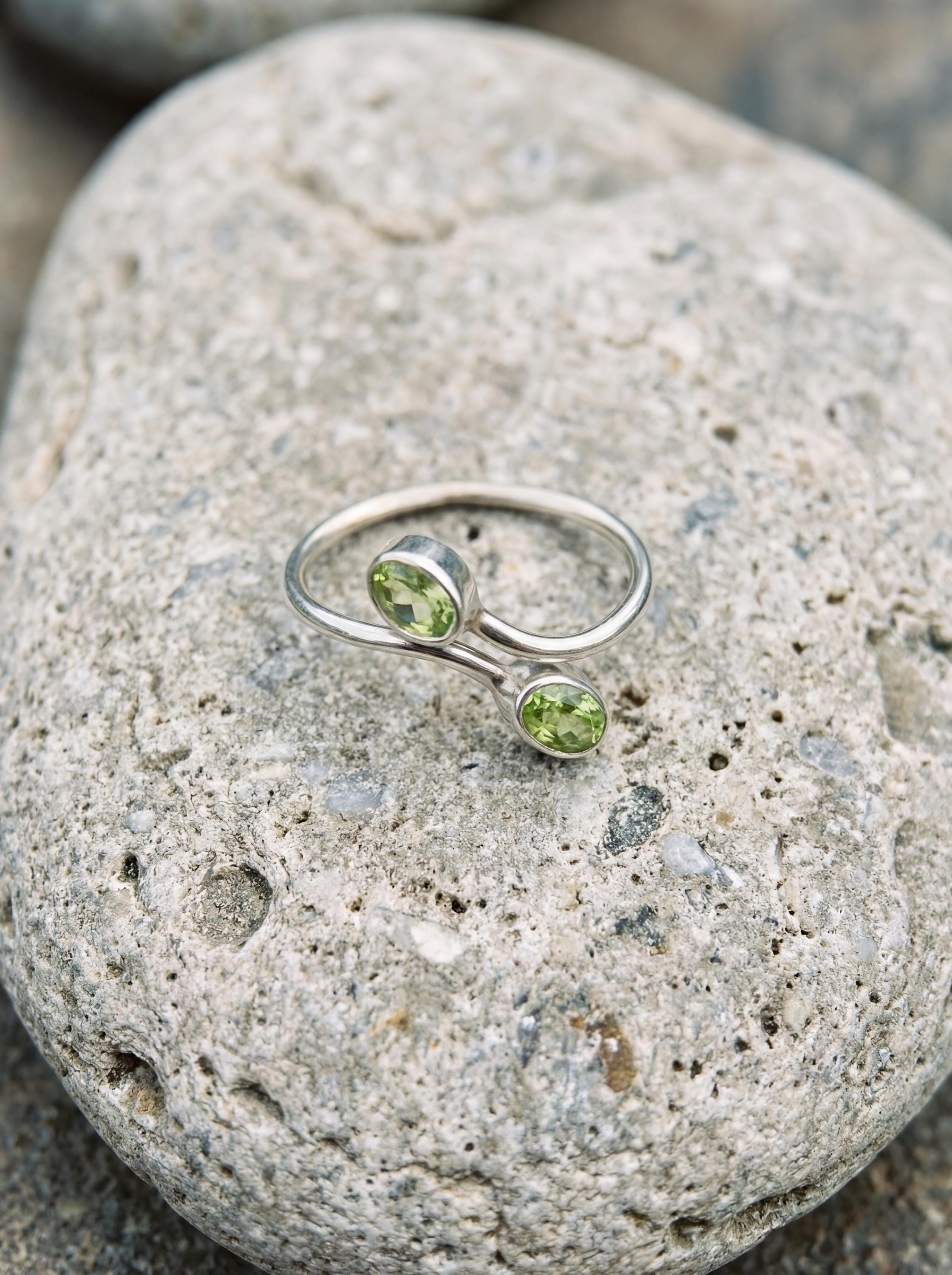 Green Peridot Silver Ring 925 Sterling Adjustable Open Band Two Stone Minimalist Gemstone Jewelry Gift
