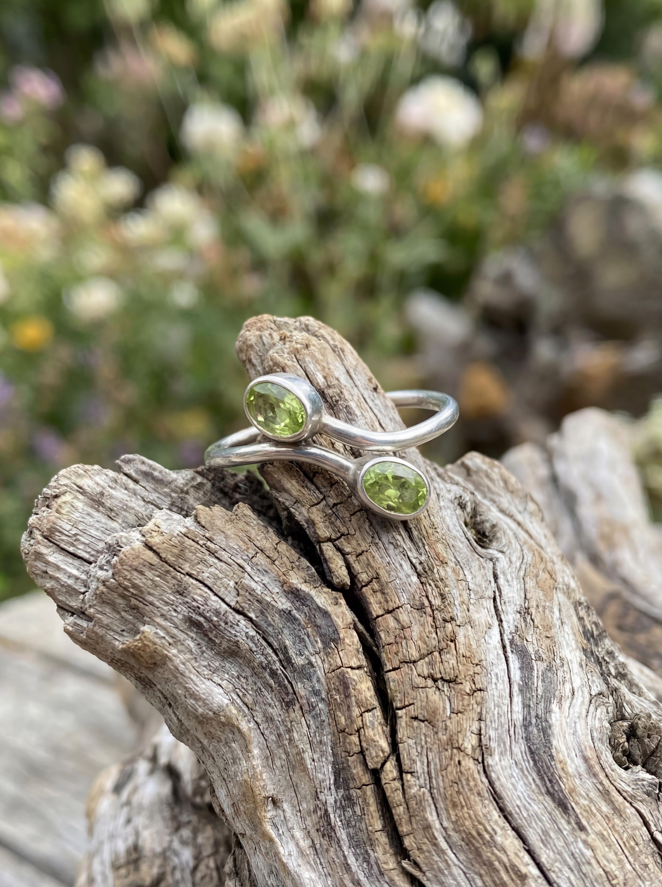 Green Peridot Silver Ring 925 Sterling Adjustable Open Band Two Stone Minimalist Gemstone Jewelry Gift