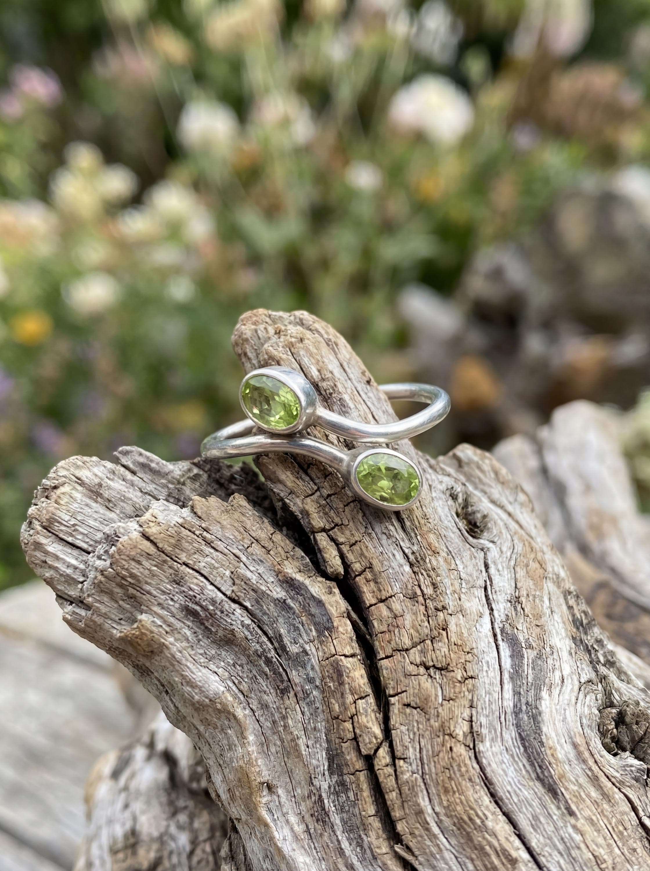 Green Peridot Silver Ring 925 Sterling Adjustable Open Band Two Stone Minimalist Gemstone Jewelry Gift