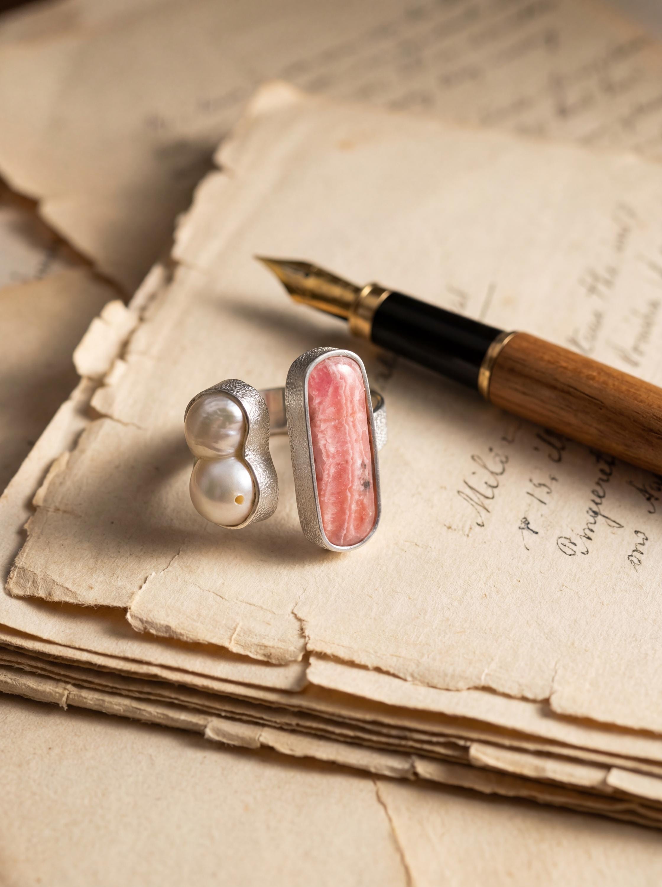Baroque Pearl Rhodochrosite Ring 925 Silver Adjustable Open Ring Organic Texture Statement Jewelry