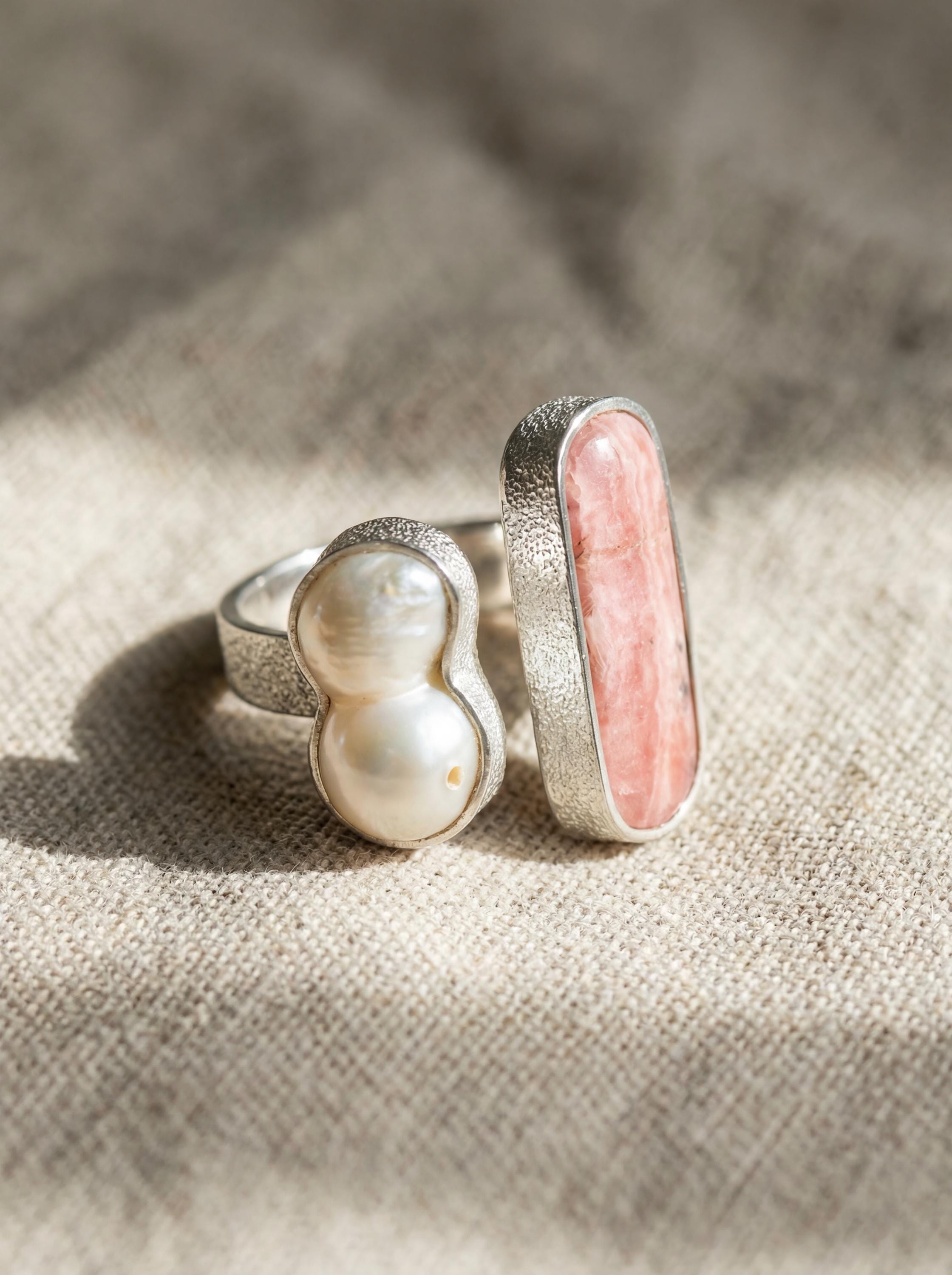 Baroque Pearl Rhodochrosite Ring 925 Silver Adjustable Open Ring Organic Texture Statement Jewelry