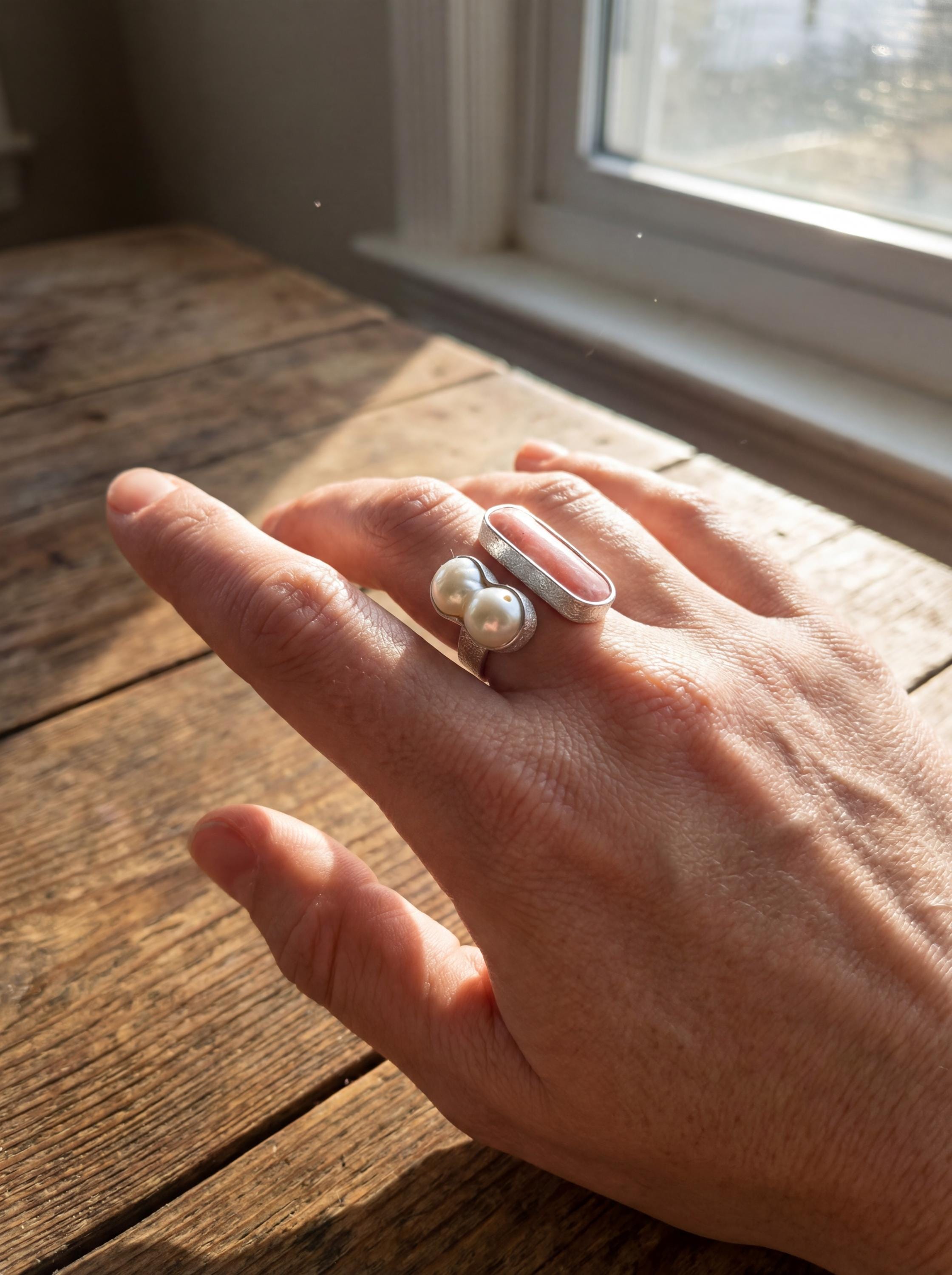 Baroque Pearl Rhodochrosite Ring 925 Silver Adjustable Open Ring Organic Texture Statement Jewelry