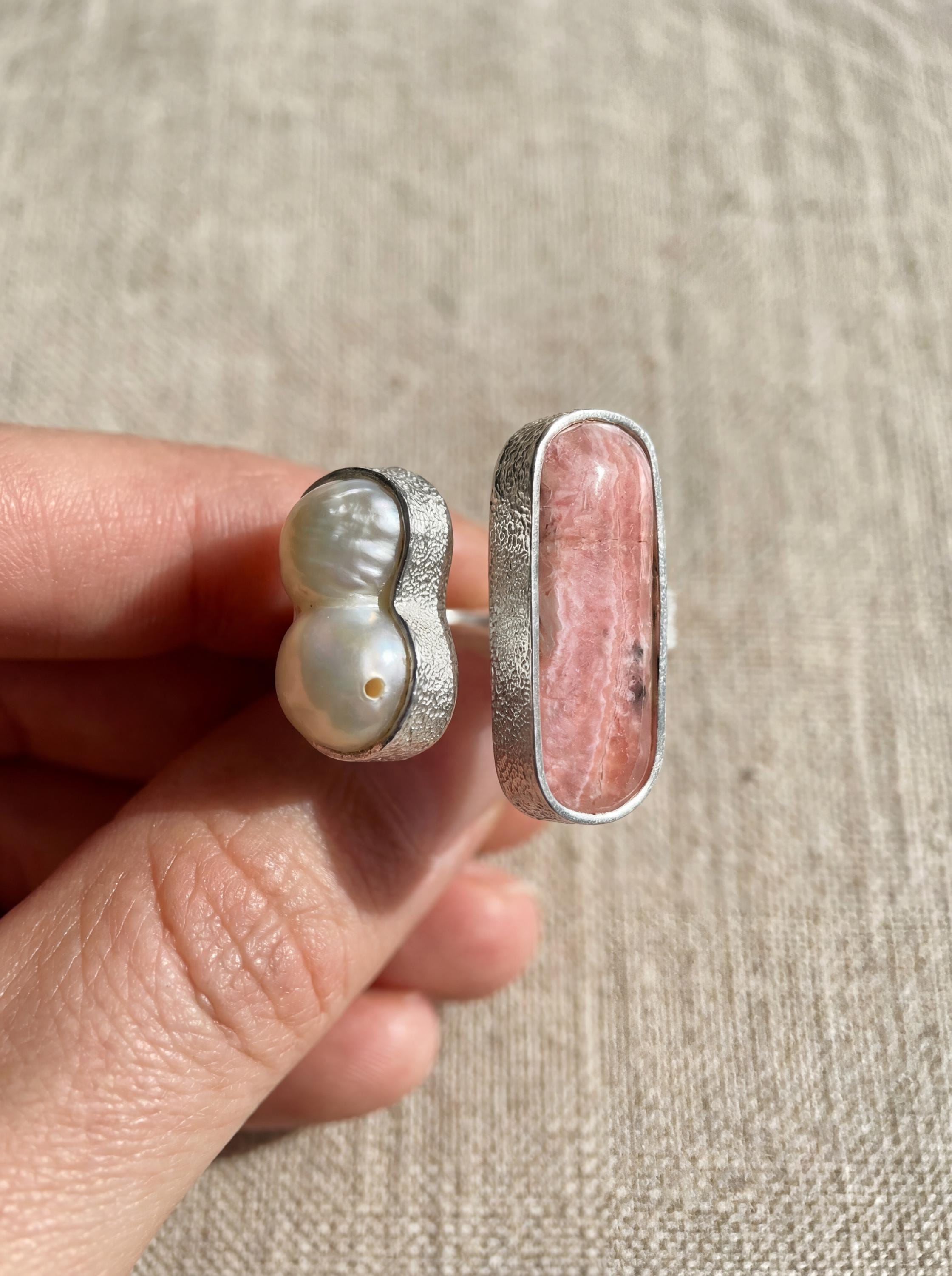 Baroque Pearl Rhodochrosite Ring 925 Silver Adjustable Open Ring Organic Texture Statement Jewelry