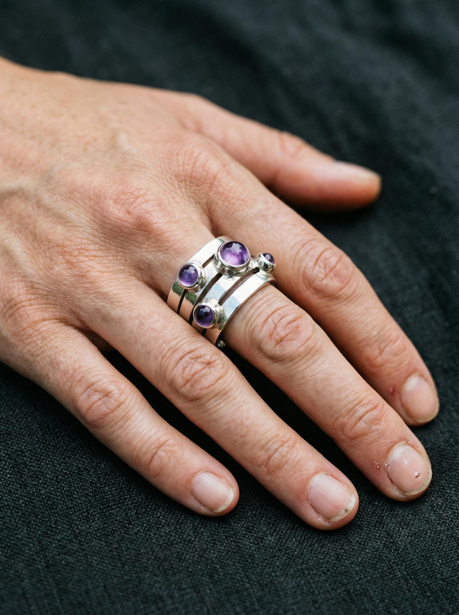 Amethyst Unity Ring 925 Sterling Silver Five Stone Cabochon Ring High Shine Statement Jewelry Crown Chakra Gift size 6 US