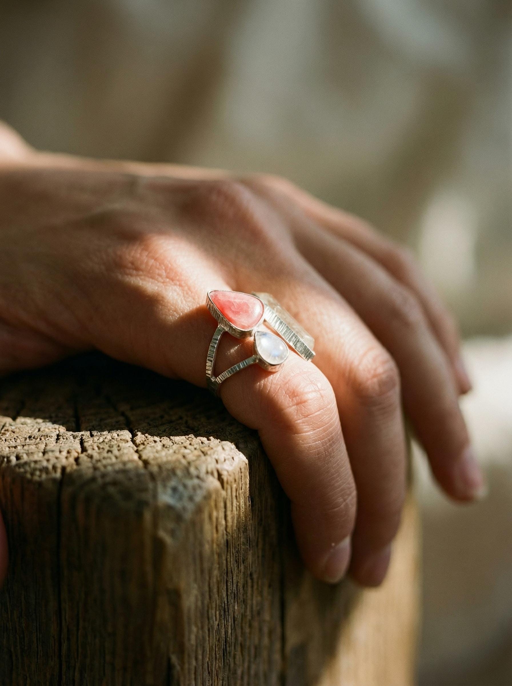 Sterling Silver Multi Stone Ring: Quartz, Rhodochrosite, Moonstone, Adjustable Band