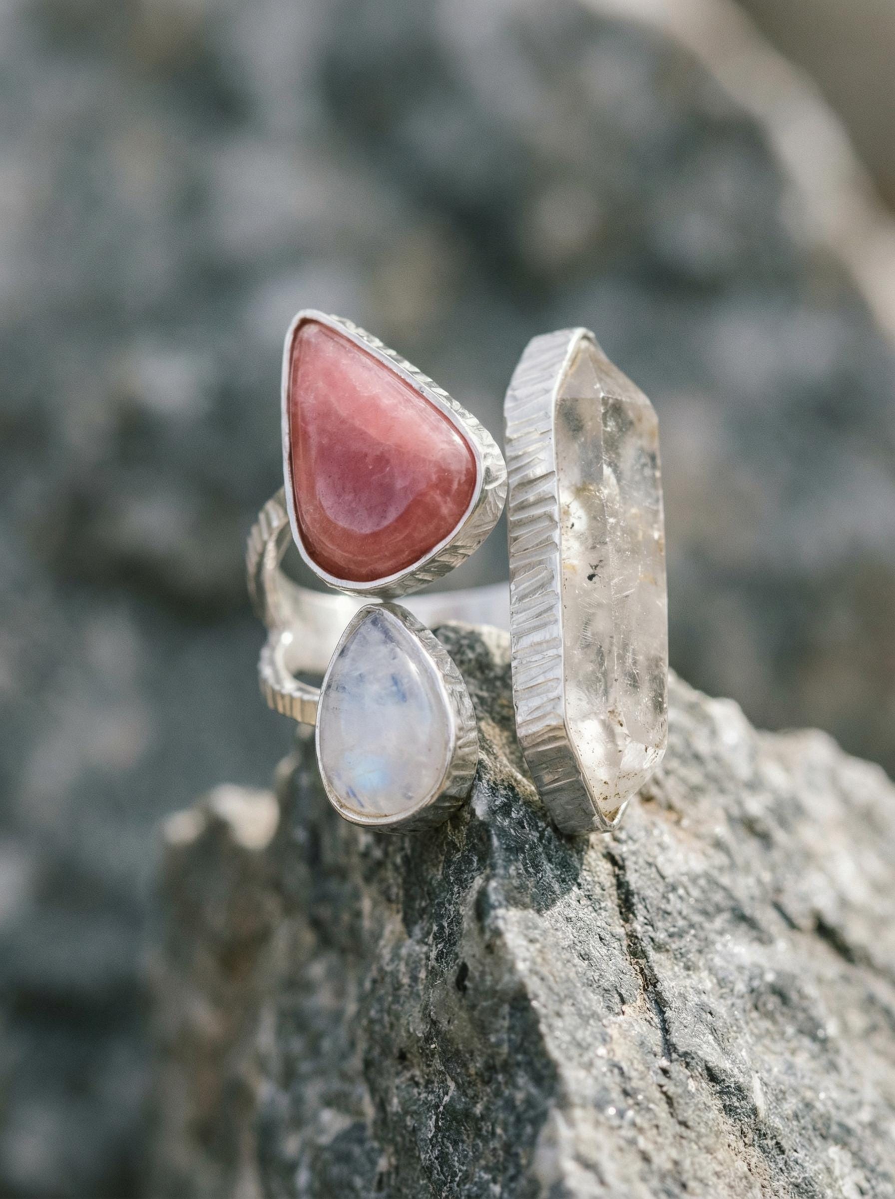 Sterling Silver Multi Stone Ring: Quartz, Rhodochrosite, Moonstone, Adjustable Band