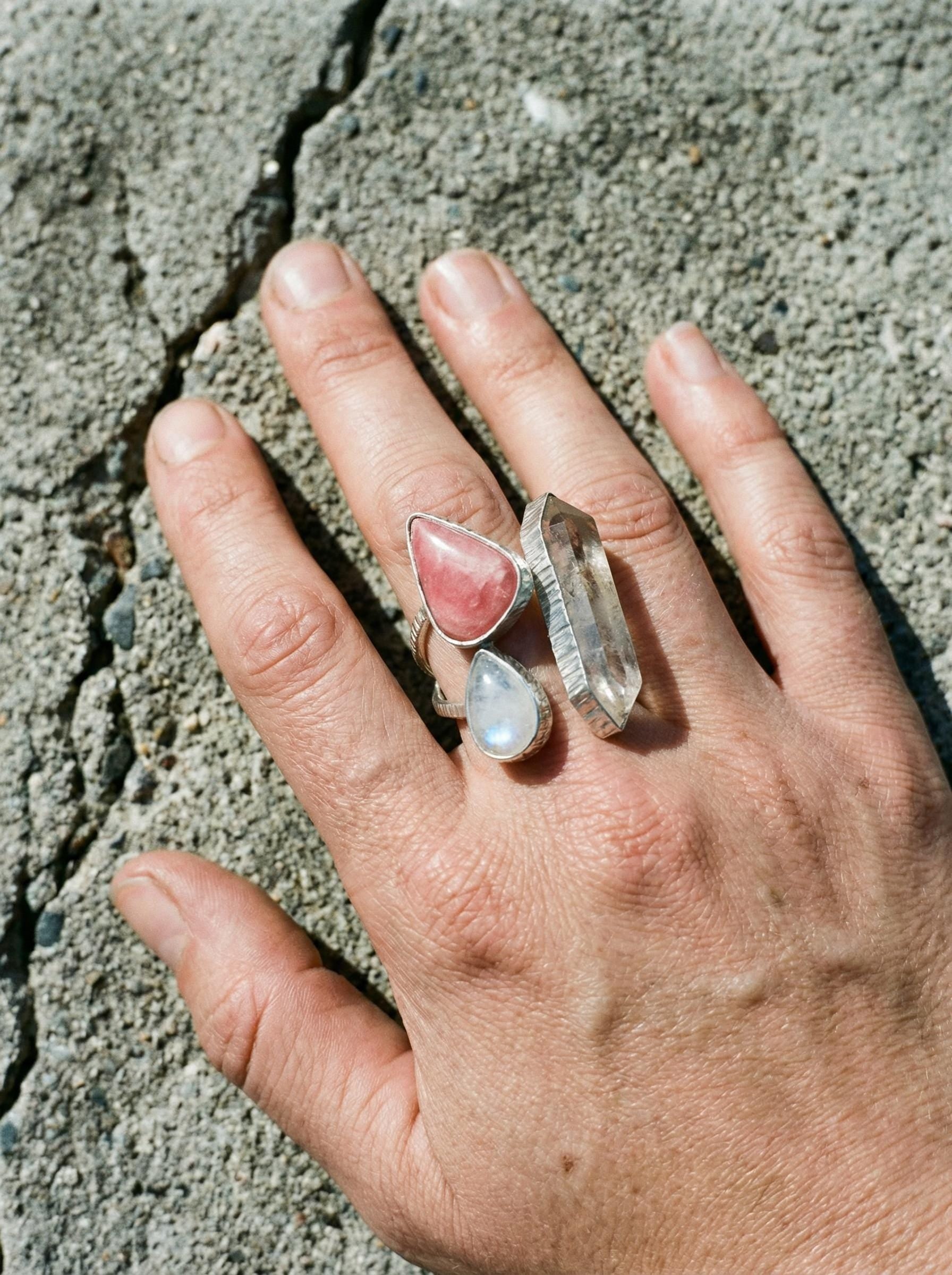 Clear Quartz Rhodochrosite Moonstone Ring 925 Sterling Silver Adjustable Heart Third Eye Crown Chakra Gift