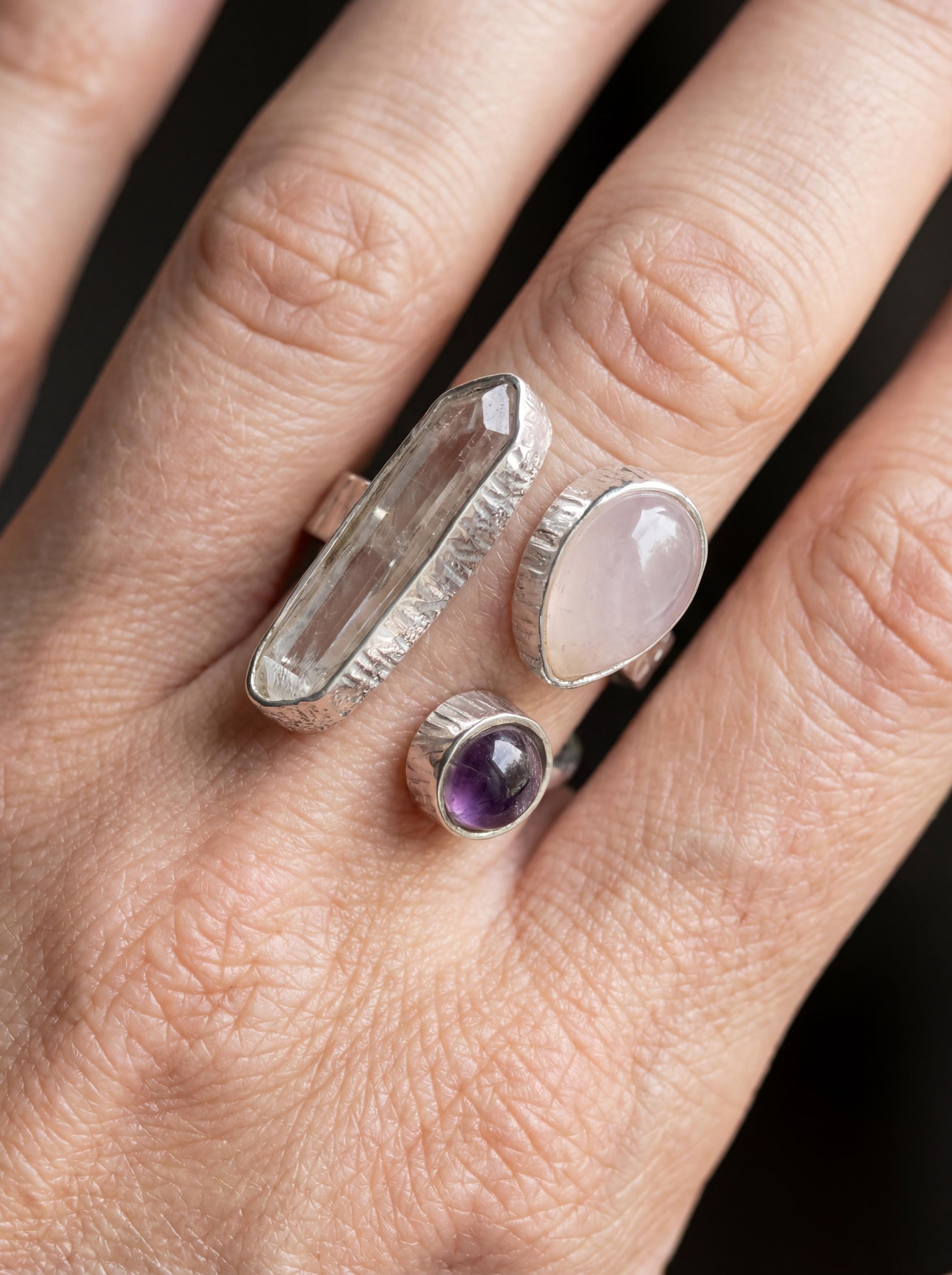 Triple Stone Sterling Silver Ring: Quartz, Amethyst, Rose Quartz