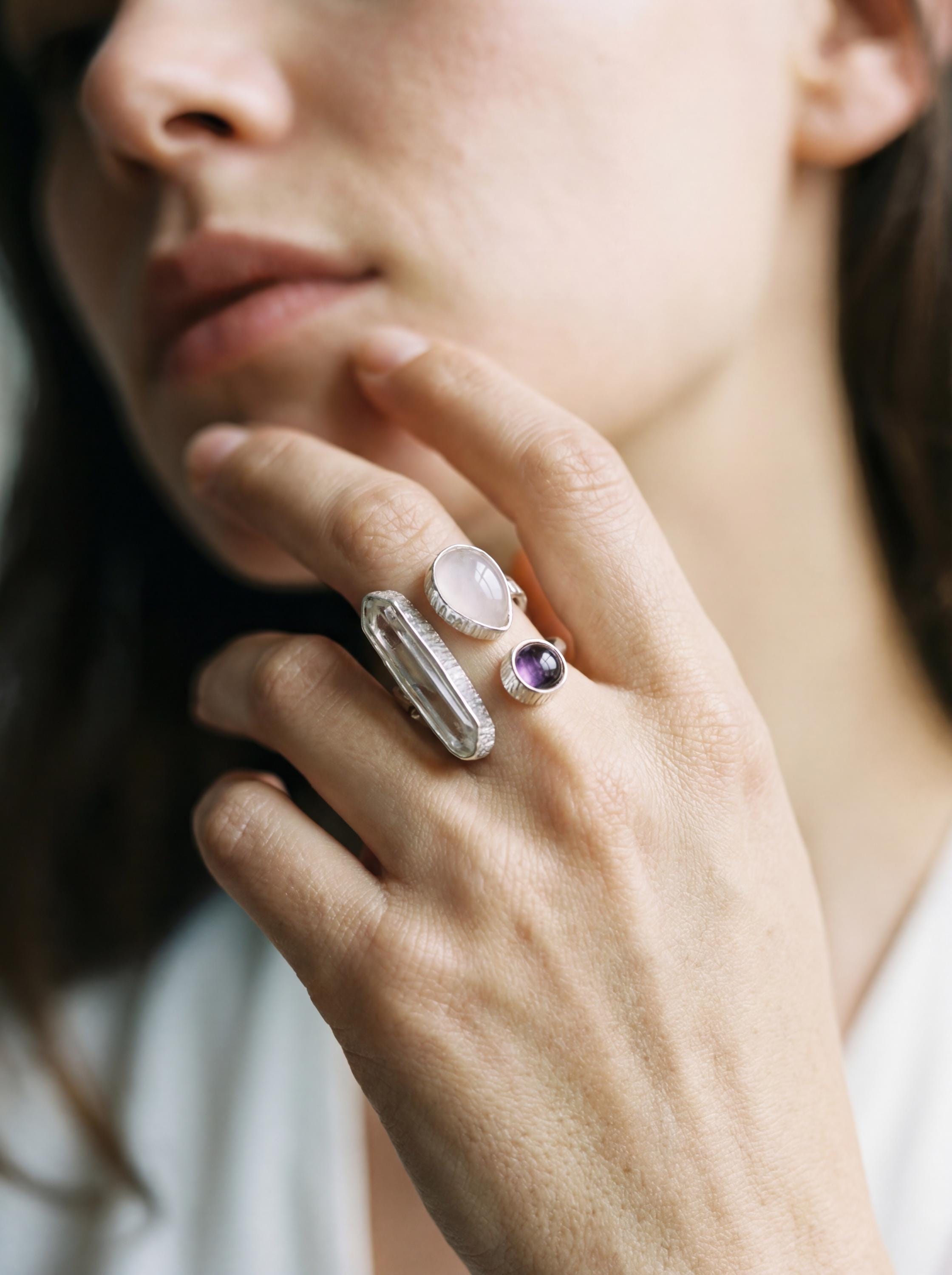 Triple Stone Sterling Silver Ring: Quartz, Amethyst, Rose Quartz