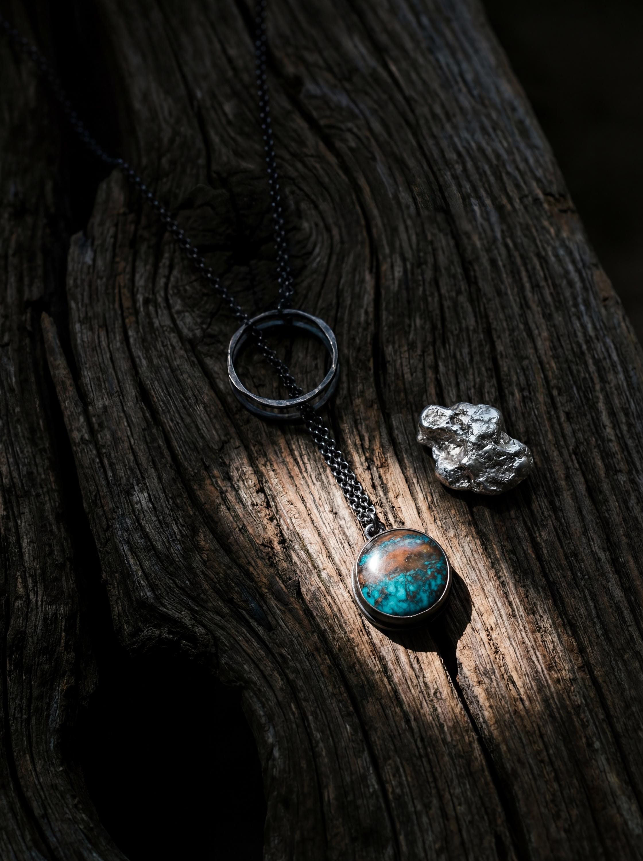 Turquoise Noose Necklace, 925 Oxidized Silver, Round Gem Pendant, Adjustable Loop Chain, Brushed Finish, Boho Spiritual Jewelry