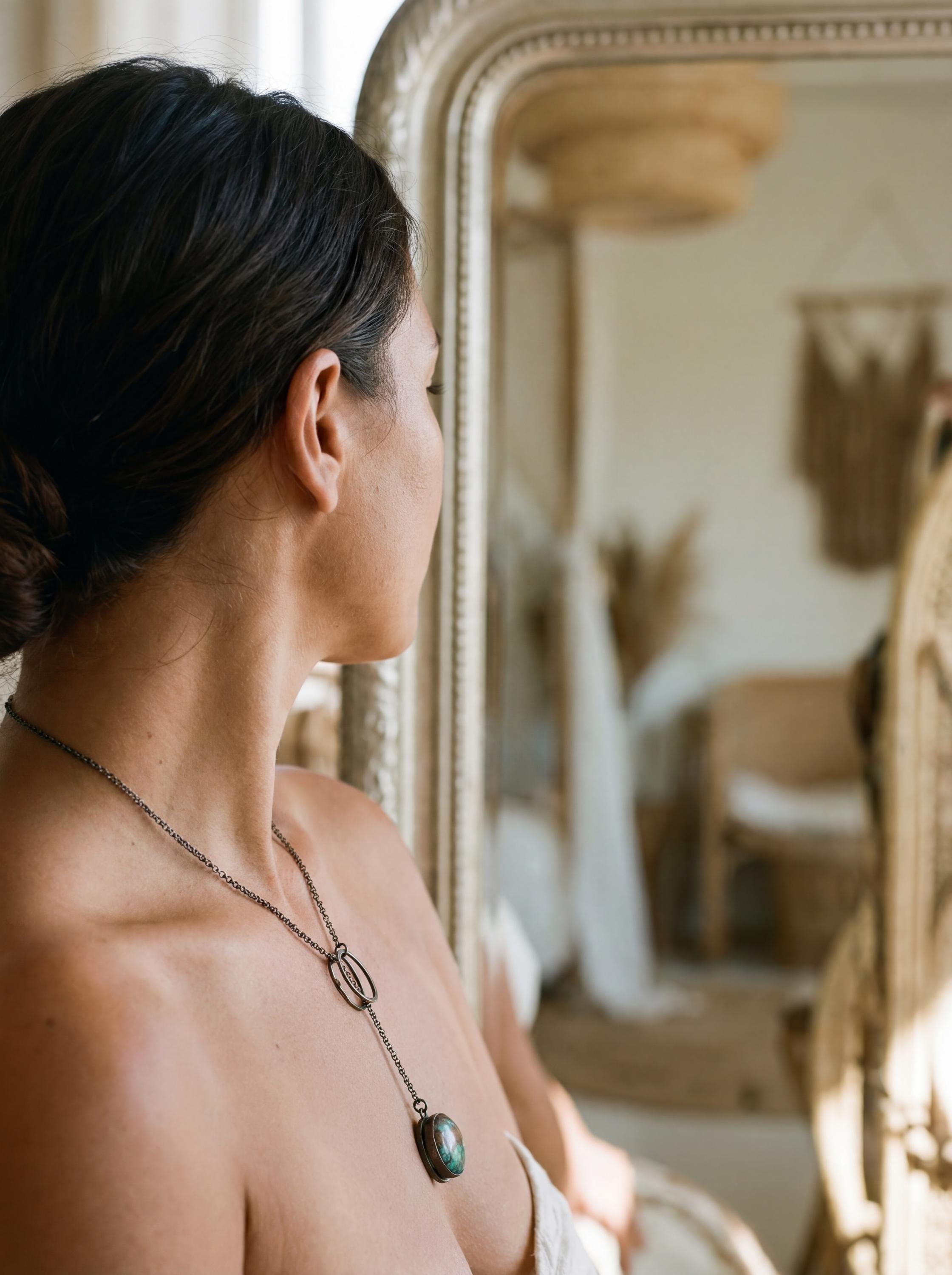 Turquoise Pendant Necklace, Oxidized 925 Silver, Adjustable Boho Jewelry