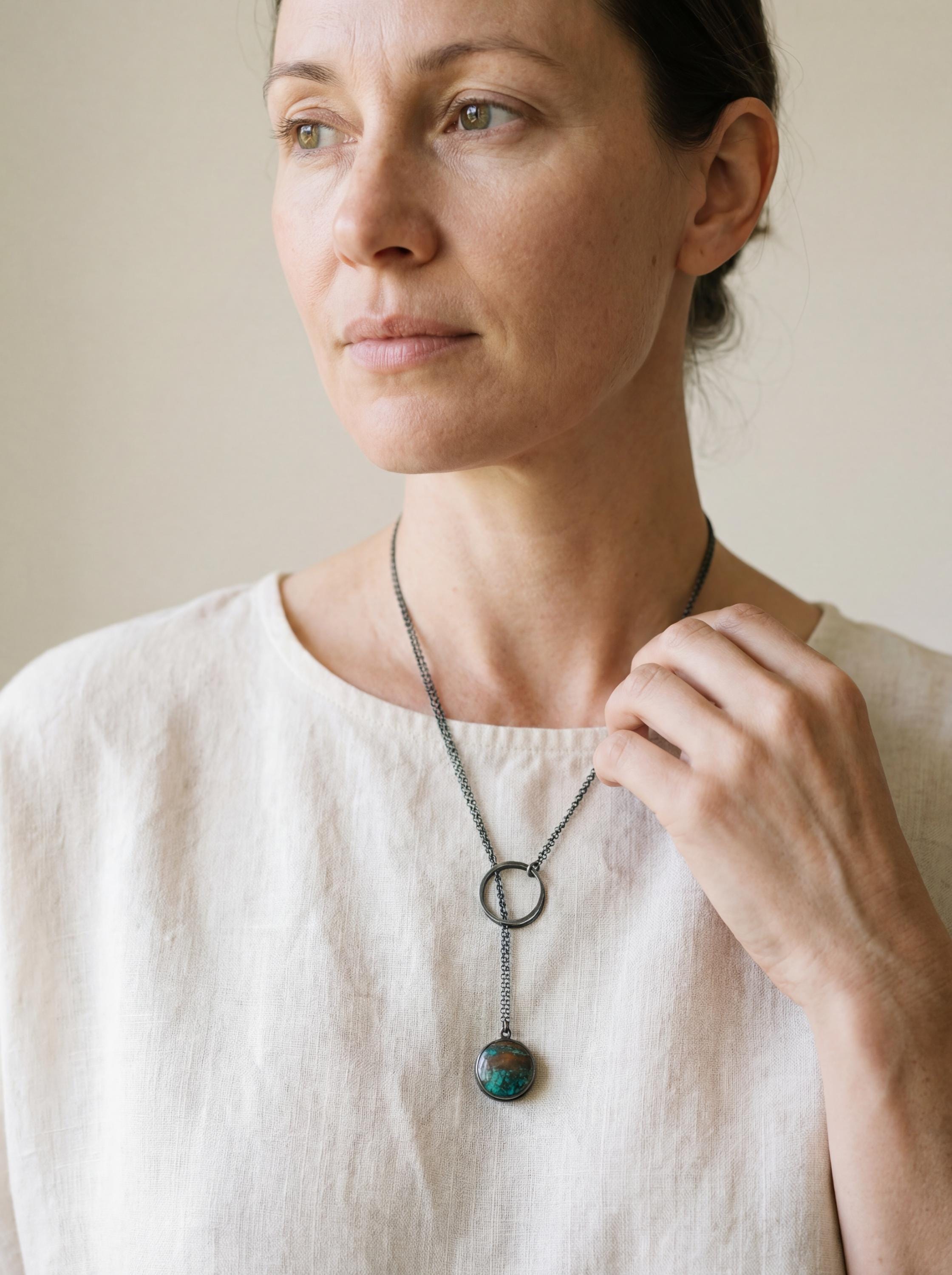 Turquoise Pendant Necklace, Oxidized 925 Silver, Adjustable Boho Jewelry