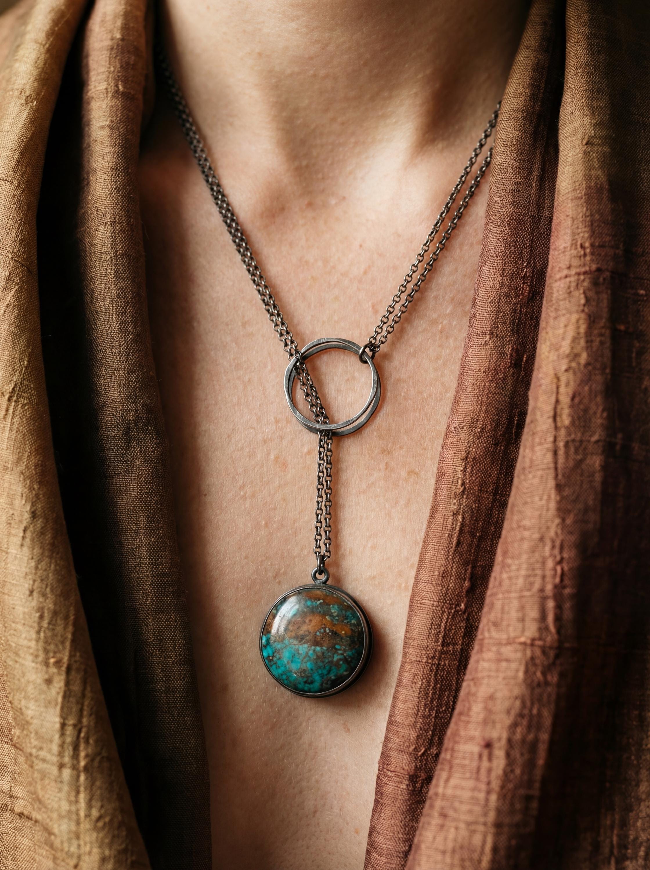 Turquoise Pendant Necklace, Oxidized 925 Silver, Adjustable Boho Jewelry