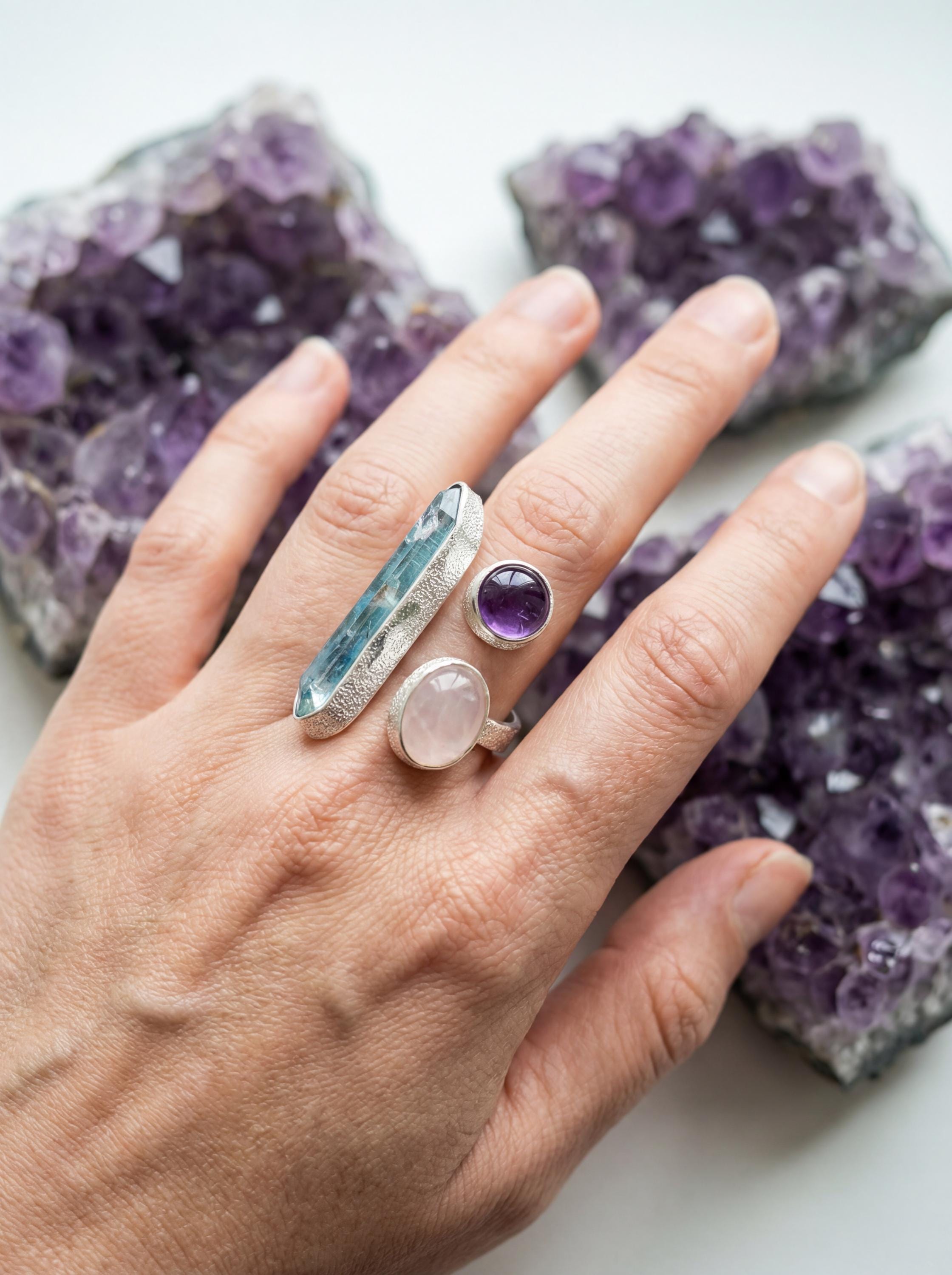 Aqua Aura Quartz Amethyst Rose Quartz Ring 925 Sterling Silver Adjustable Heart Crown Chakra Jewelry Gift