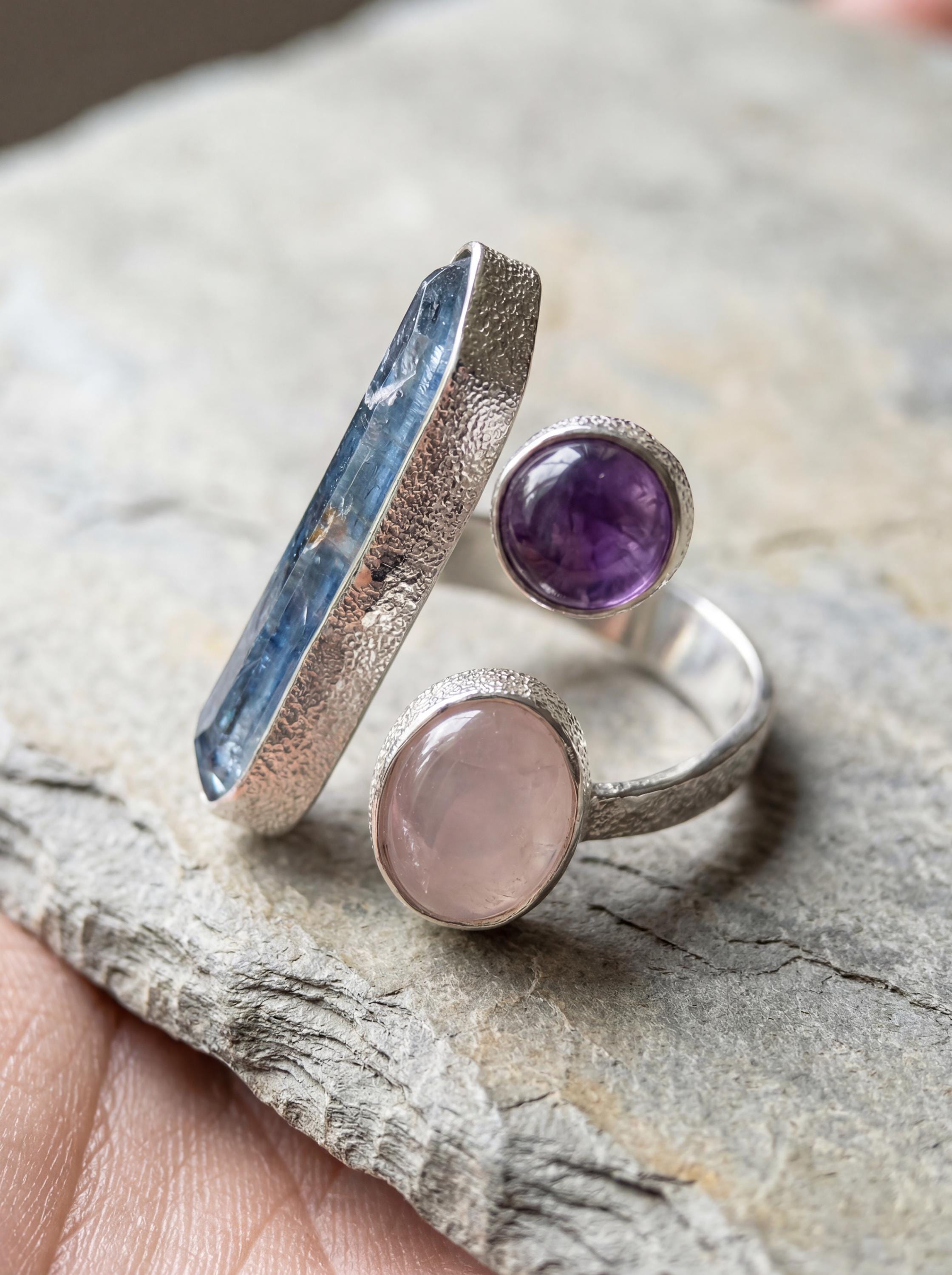 Aqua Aura Quartz Amethyst Rose Quartz Ring 925 Sterling Silver Adjustable Heart Crown Chakra Jewelry Gift