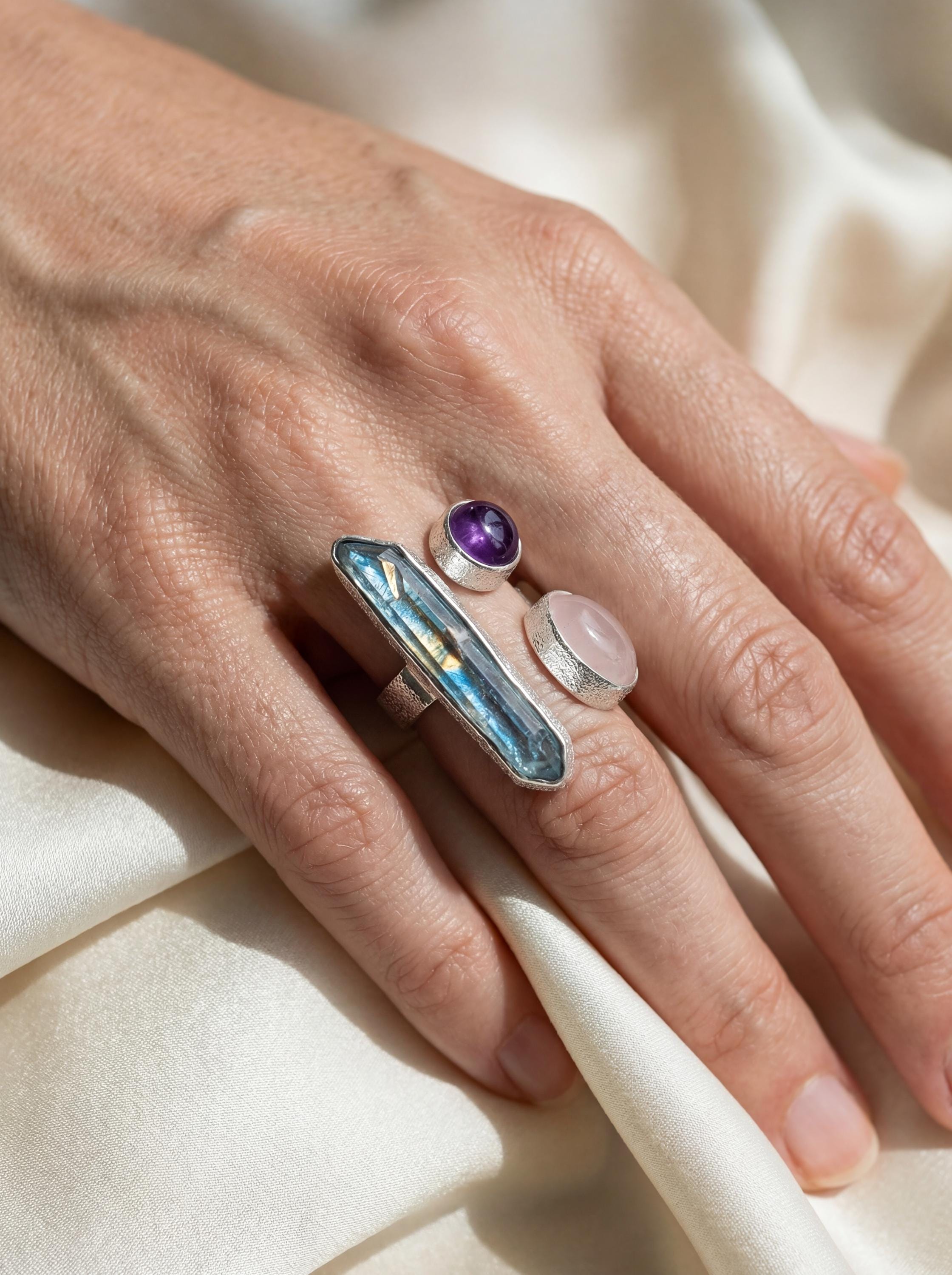 Aqua Aura Quartz Amethyst Rose Quartz Ring 925 Sterling Silver Adjustable Heart Crown Chakra Jewelry Gift