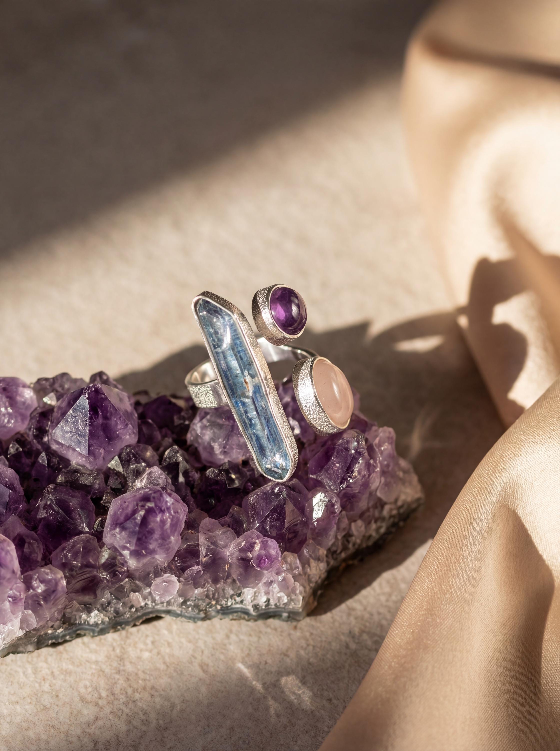 Aqua Aura Quartz Amethyst Rose Quartz Ring 925 Sterling Silver Adjustable Heart Crown Chakra Jewelry Gift