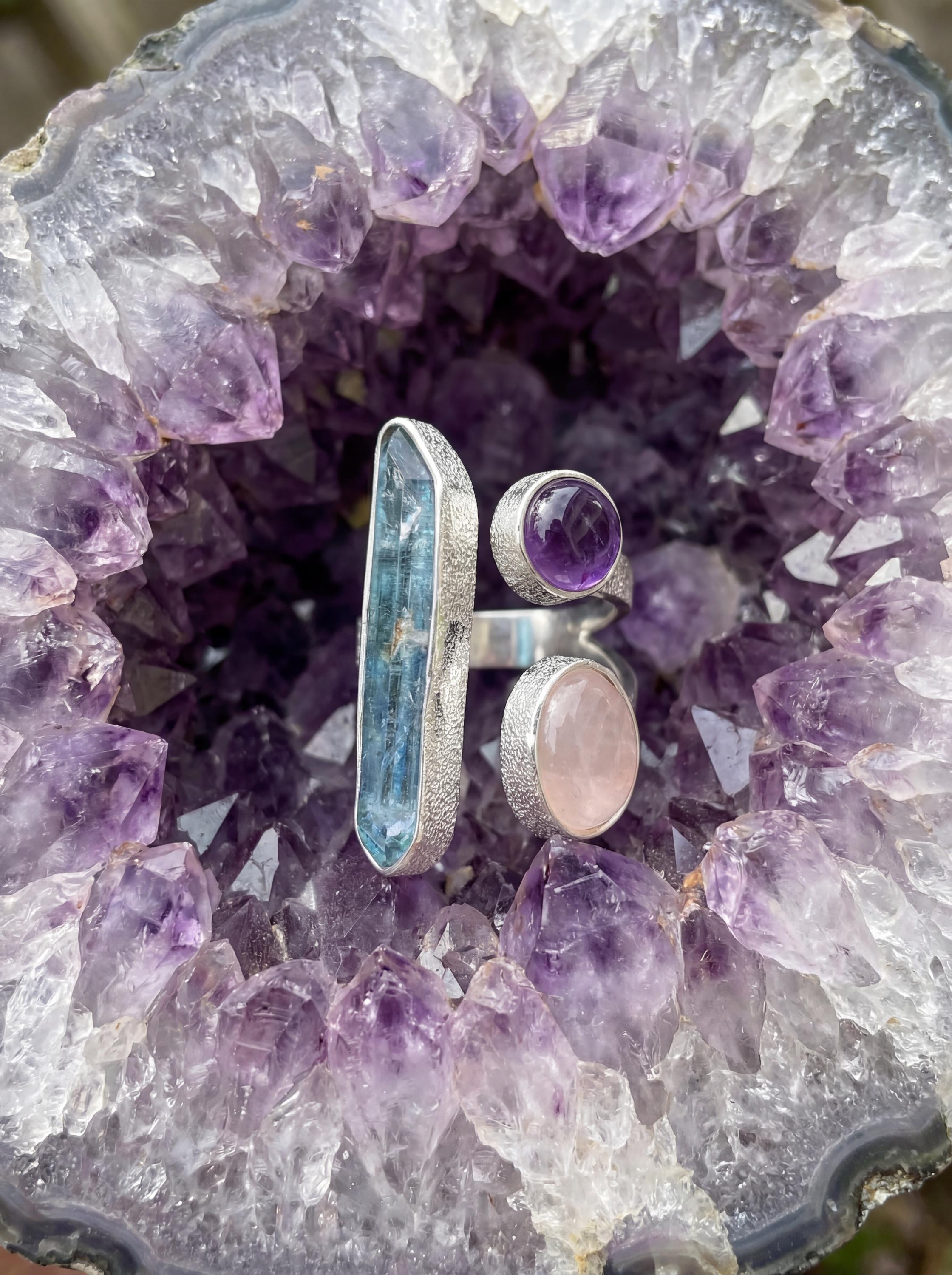 Aqua Aura Quartz Amethyst Rose Quartz Ring 925 Sterling Silver Adjustable Heart Crown Chakra Jewelry Gift