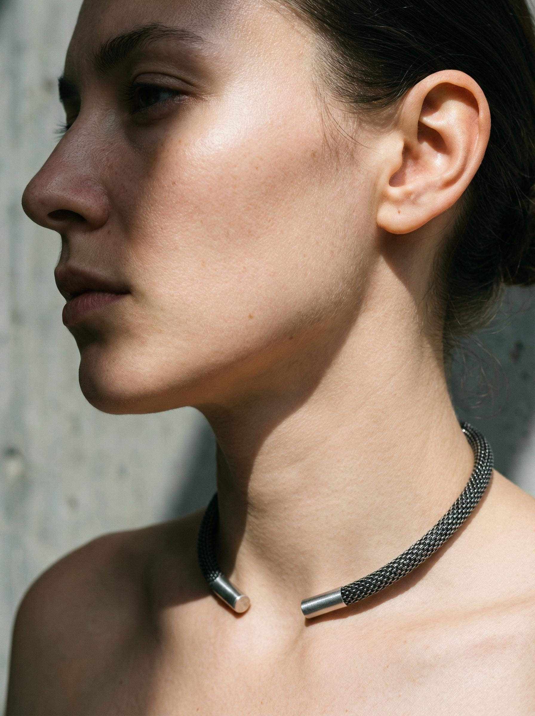 Sterling Silver Mesh Choker Oxidized Silver Collar Minimalist Statement Necklace Handmade Modern Jewelry