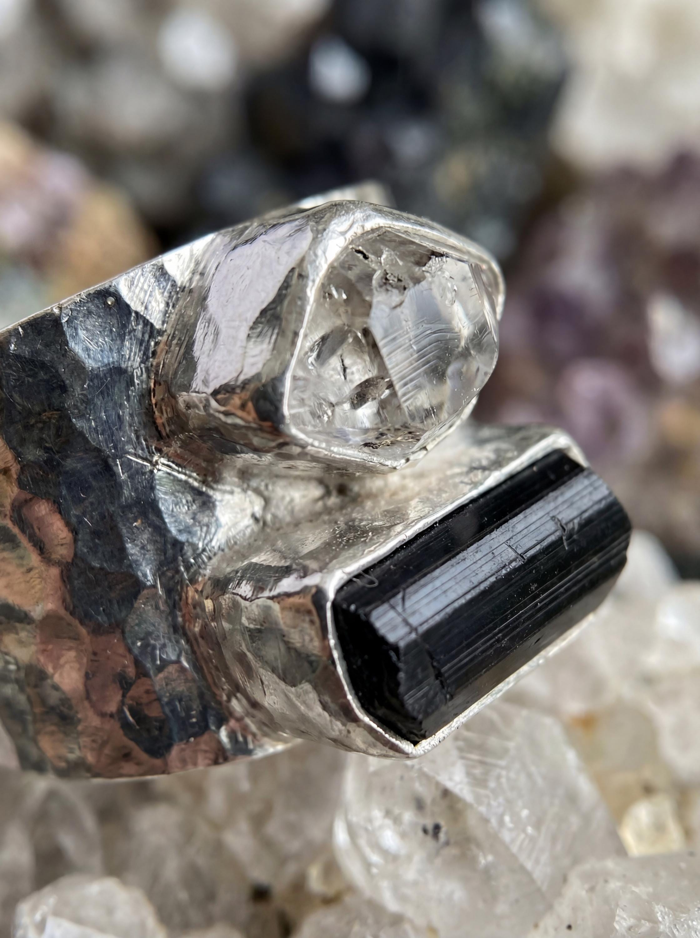 Hammered Sterling Silver Ring: Raw Black Tourmaline & Herkimer Diamond, Adjustable