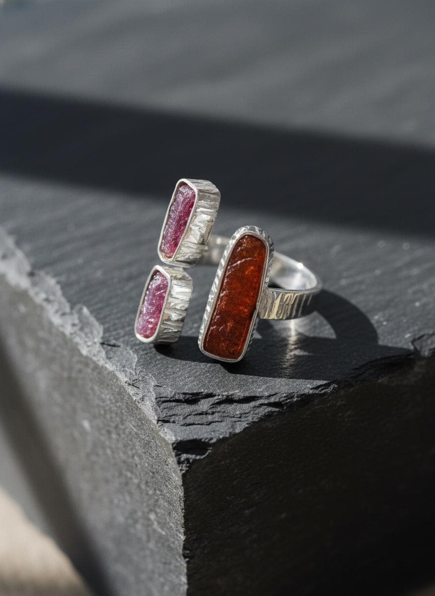 Red Kyanite Ruby Ring 925 Silver Adjustable Open Multi Stone Statement Jewelry
