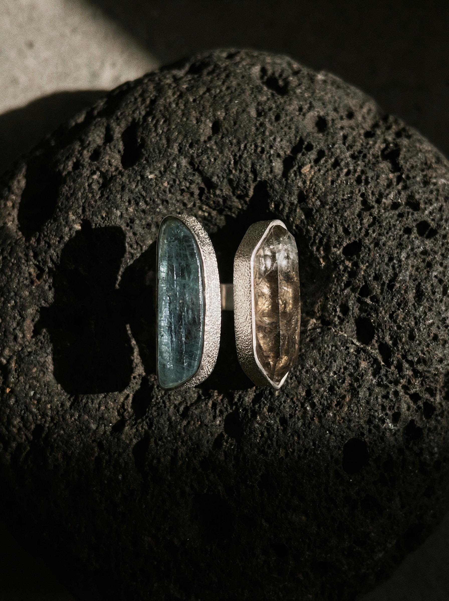 Smoky Quartz Aquamarine Ring, 925 Sterling Silver Adjustable Band