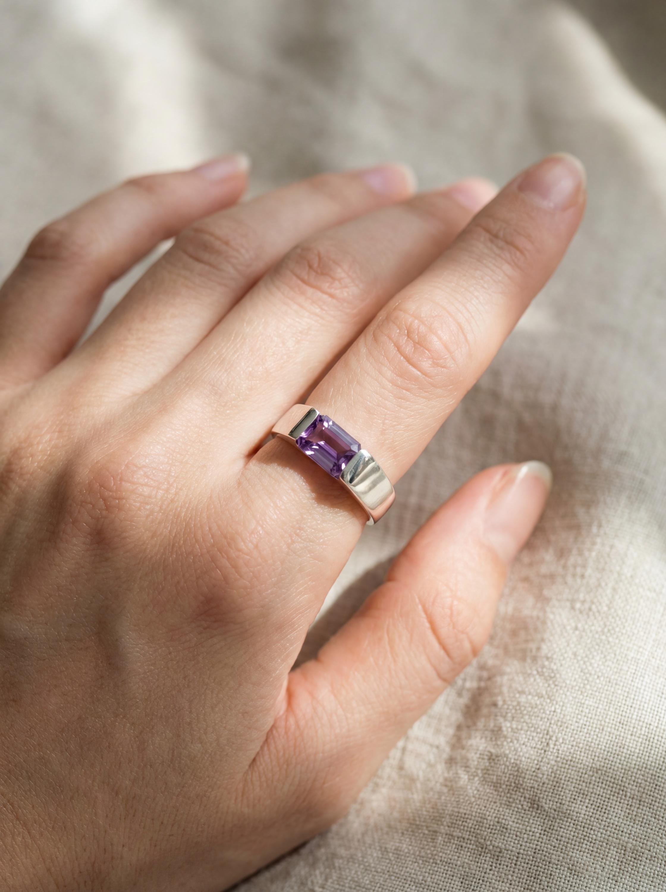 Amethyst Ring 925 Sterling Silver Octagon Faceted Violet Gemstone High Shine Geometric Crown Chakra Jewelry Size 6US