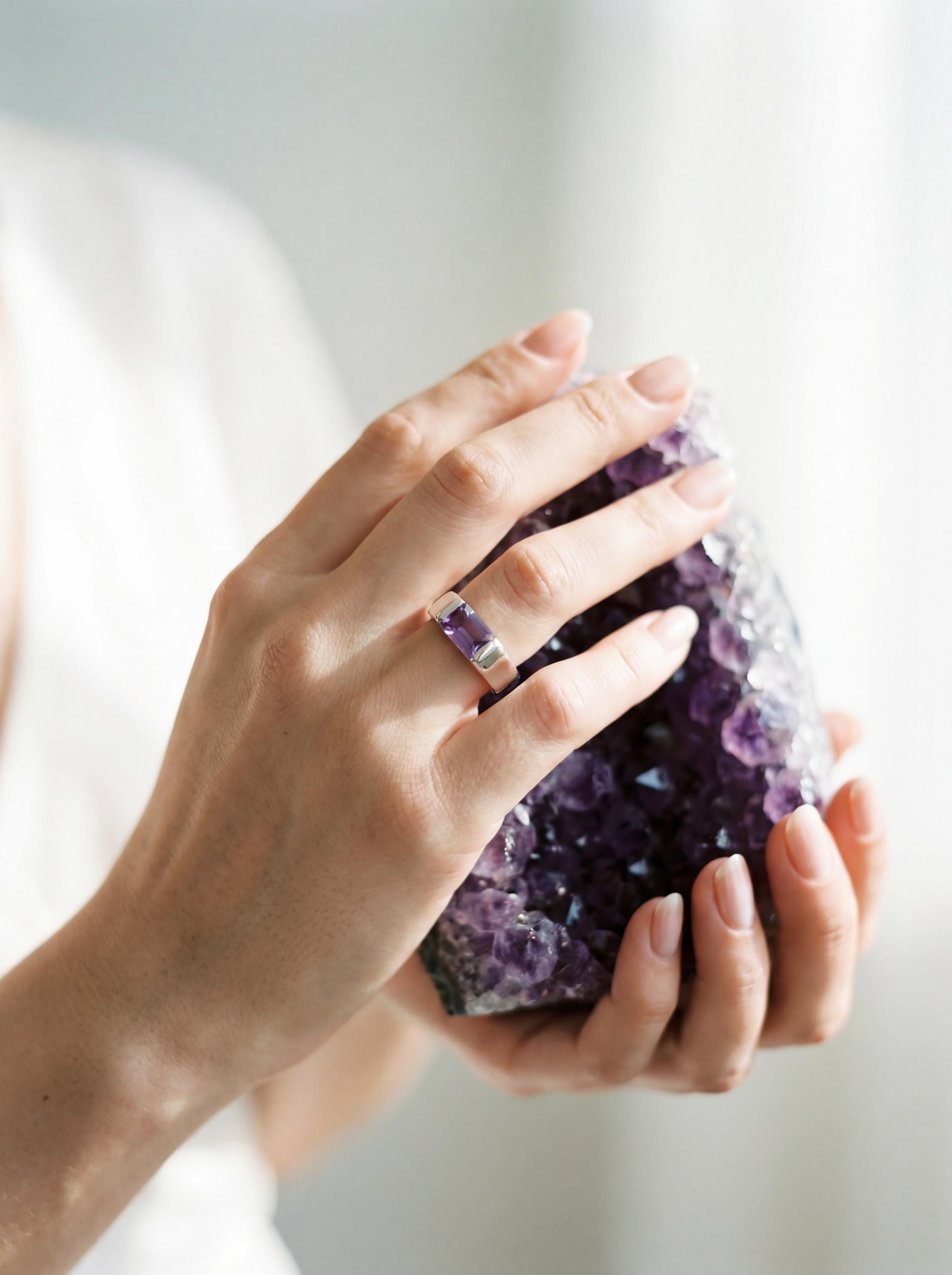 Amethyst Ring 925 Sterling Silver Octagon Faceted Violet Gemstone High Shine Geometric Crown Chakra Jewelry Size 6US