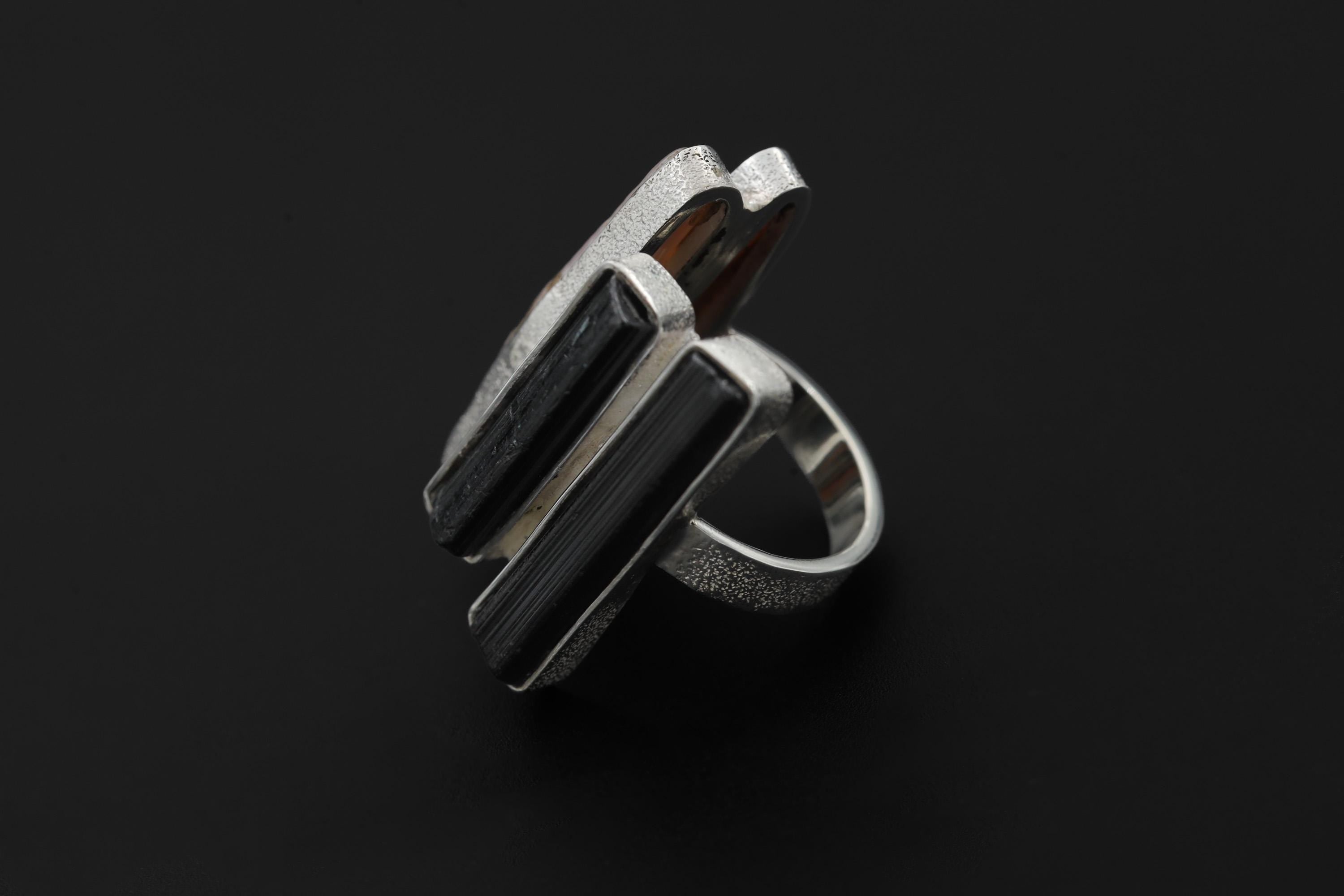 Pearl Black Tourmaline Ring 925 Sterling Silver Adjustable Organic Textured Band Heart Root Chakra Gif