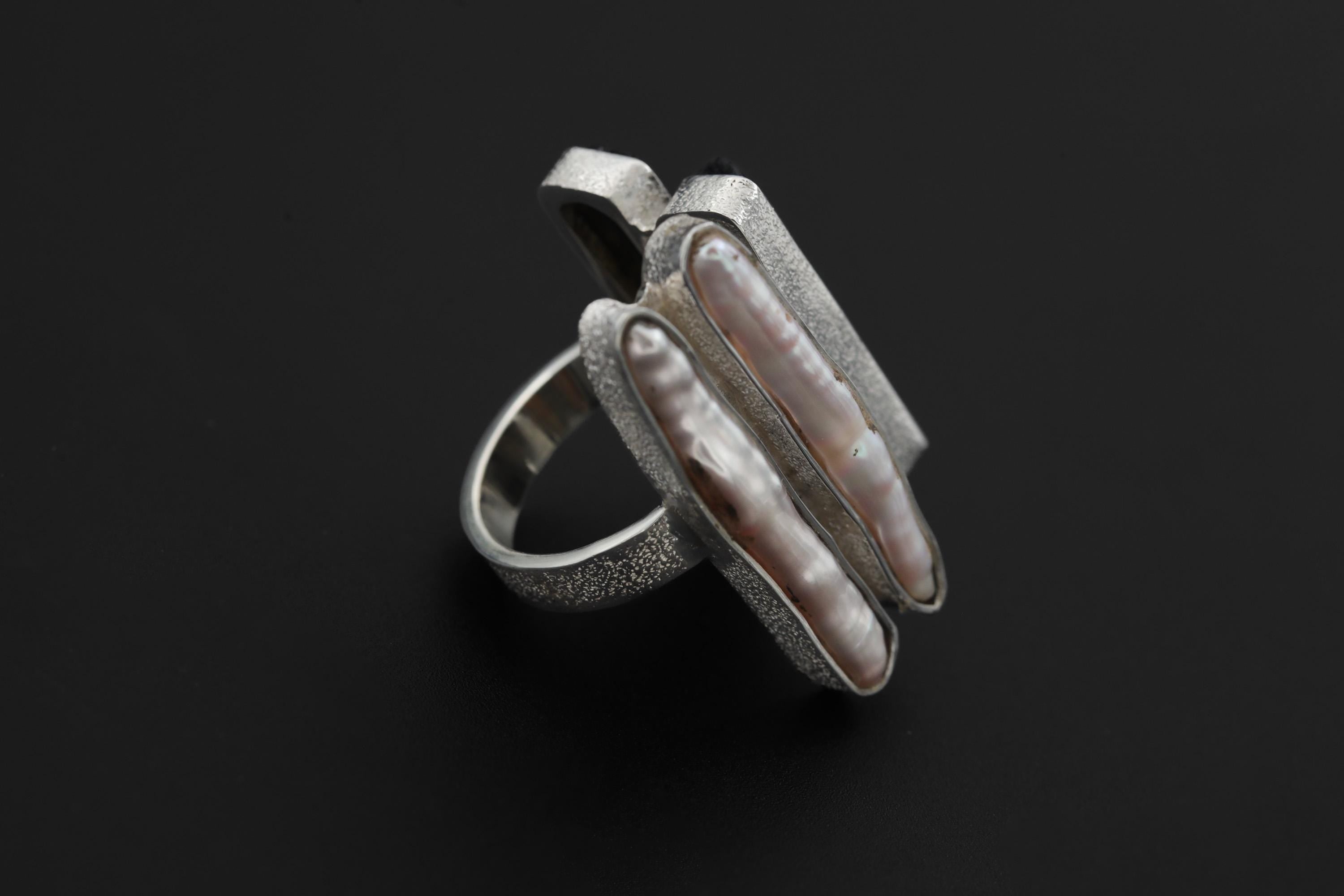 Pearl Black Tourmaline Ring 925 Sterling Silver Adjustable Organic Textured Band Heart Root Chakra Gif