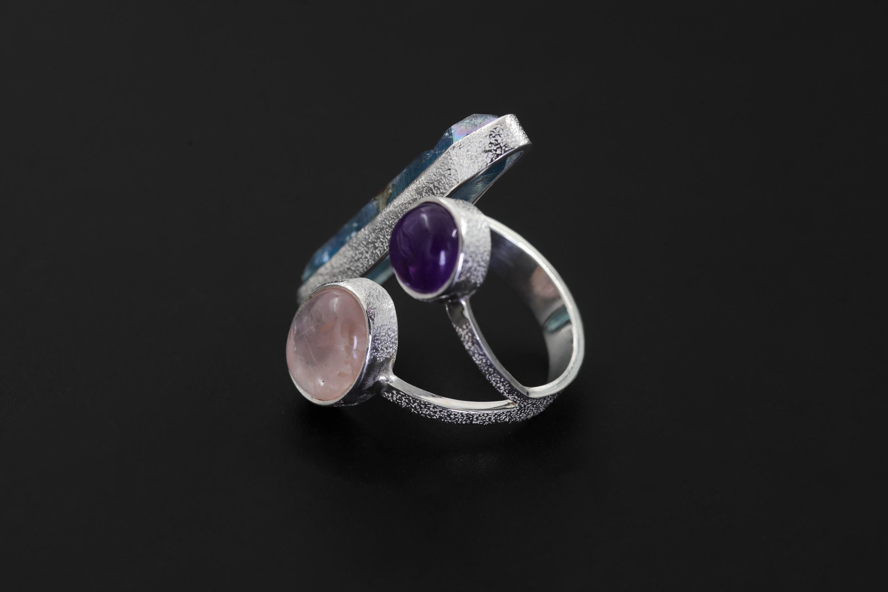 Aqua Aura Quartz Amethyst Rose Quartz Ring 925 Sterling Silver Adjustable Heart Crown Chakra Jewelry Gift