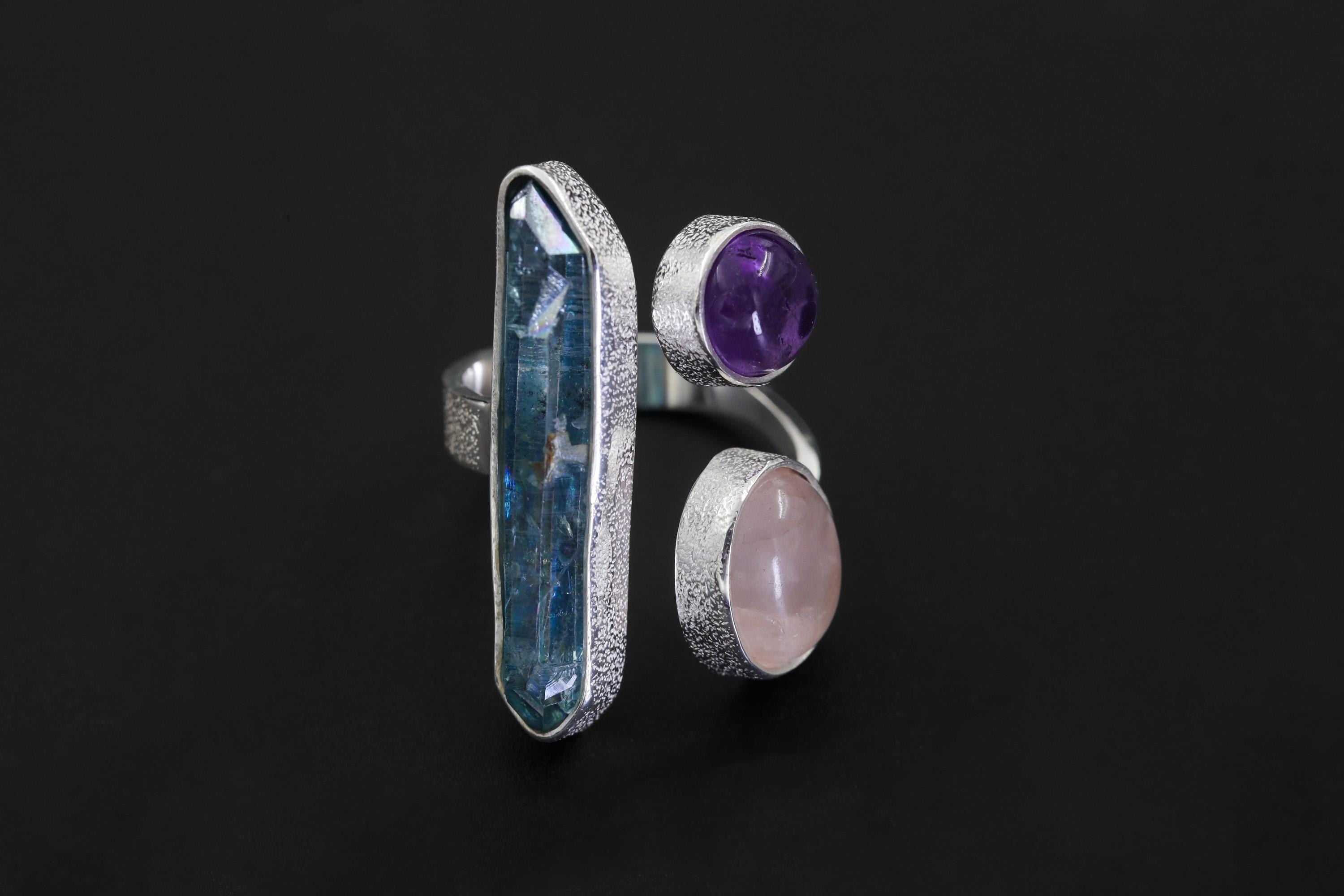 Aqua Aura Quartz Amethyst Rose Quartz Ring 925 Sterling Silver Adjustable Heart Crown Chakra Jewelry Gift
