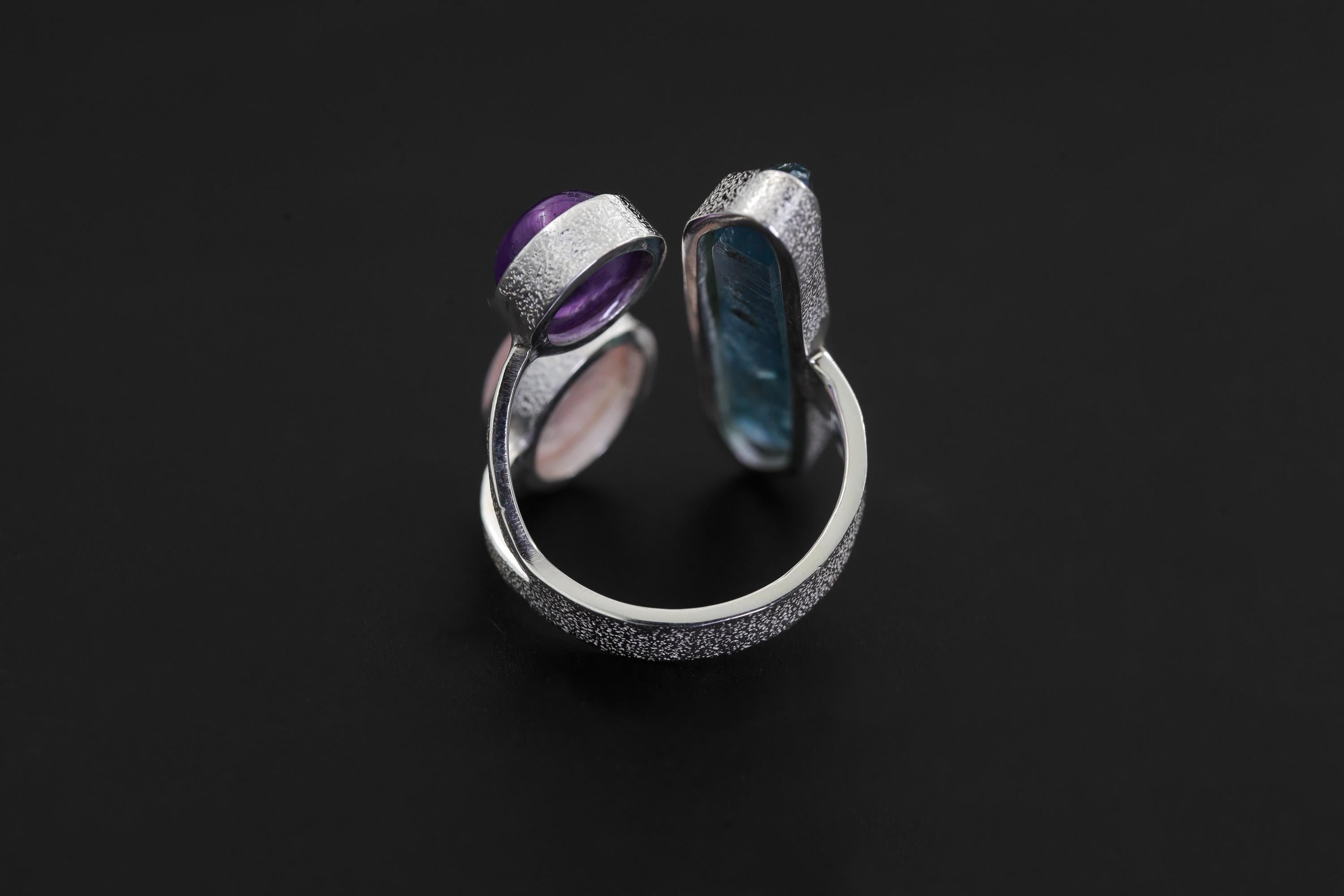Aqua Aura Quartz Amethyst Rose Quartz Ring 925 Sterling Silver Adjustable Heart Crown Chakra Jewelry Gift