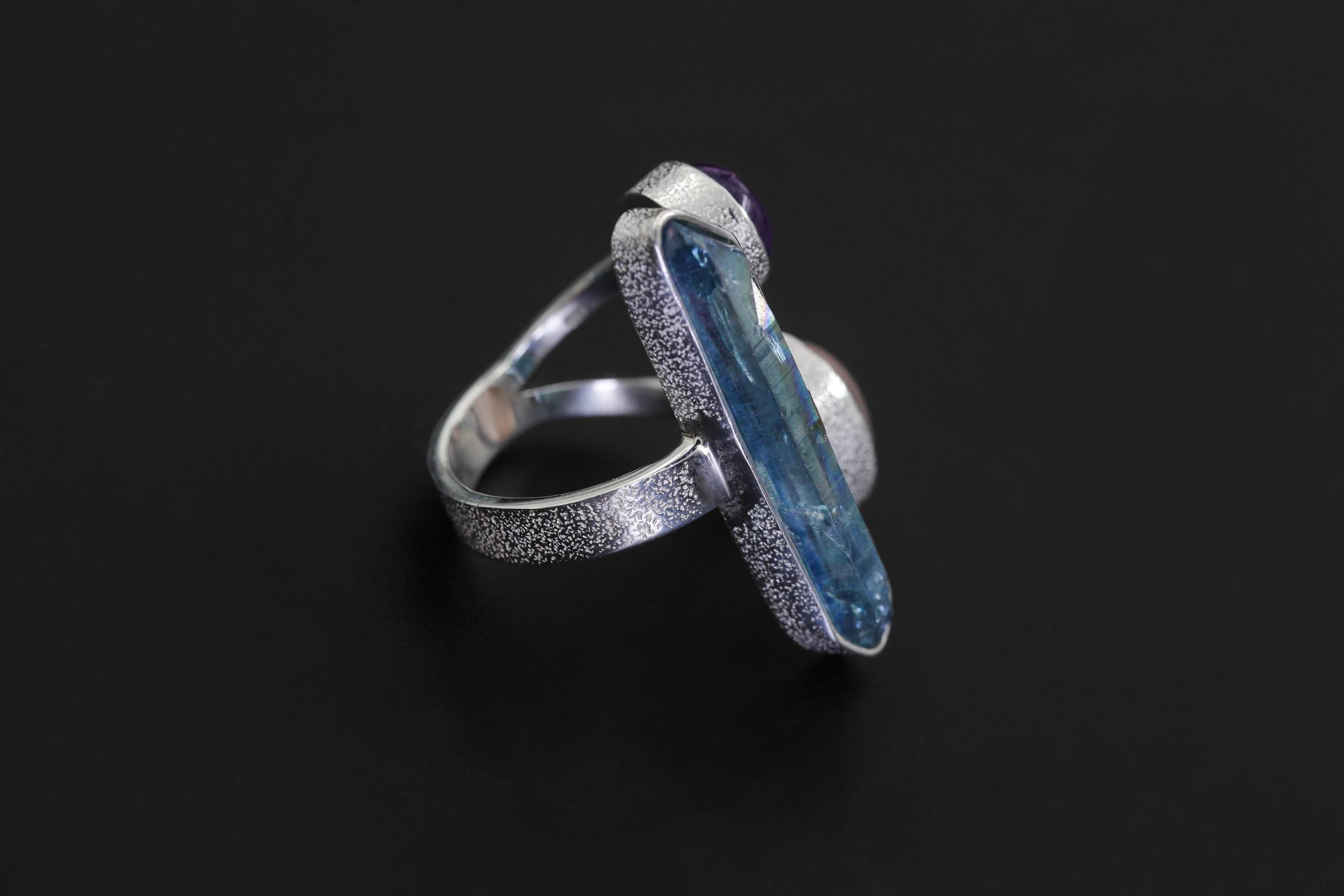 Aqua Aura Quartz Amethyst Rose Quartz Ring 925 Sterling Silver Adjustable Heart Crown Chakra Jewelry Gift