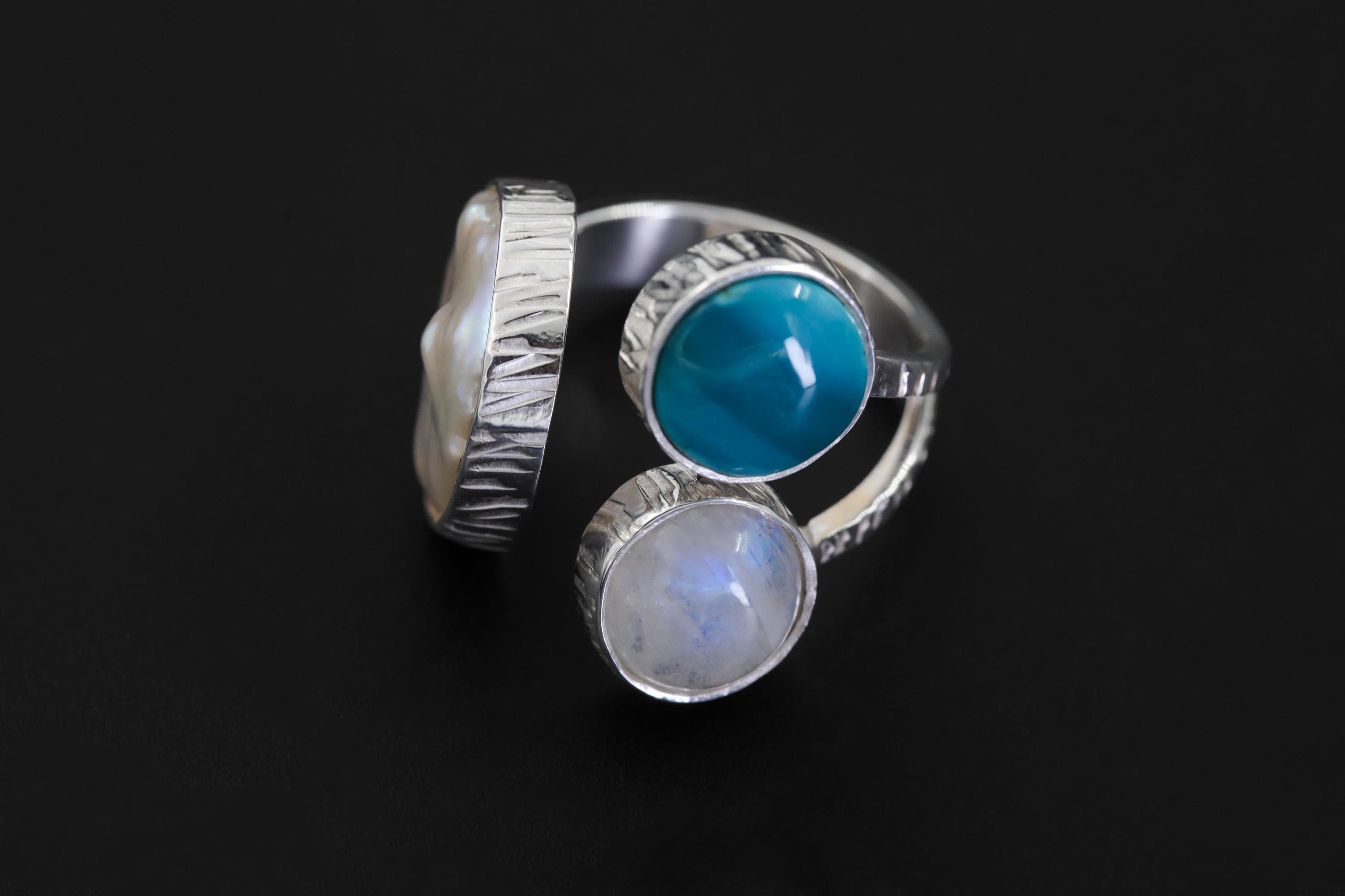 Pearl Larimar Blue Moonstone Multi Stone Ring 925 Sterling Silver Adjustable Open Band Jewelry